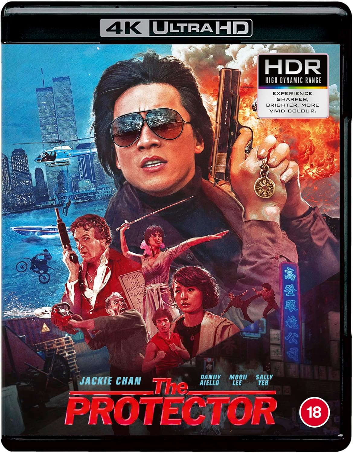 Movie cover for "The Protector" starring Jackie Chan, action scene.