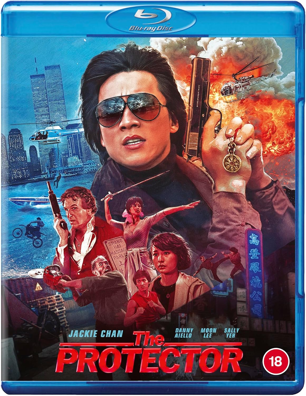 Blu-ray cover for "The Protector" featuring Jackie Chan with gun and action scenes.