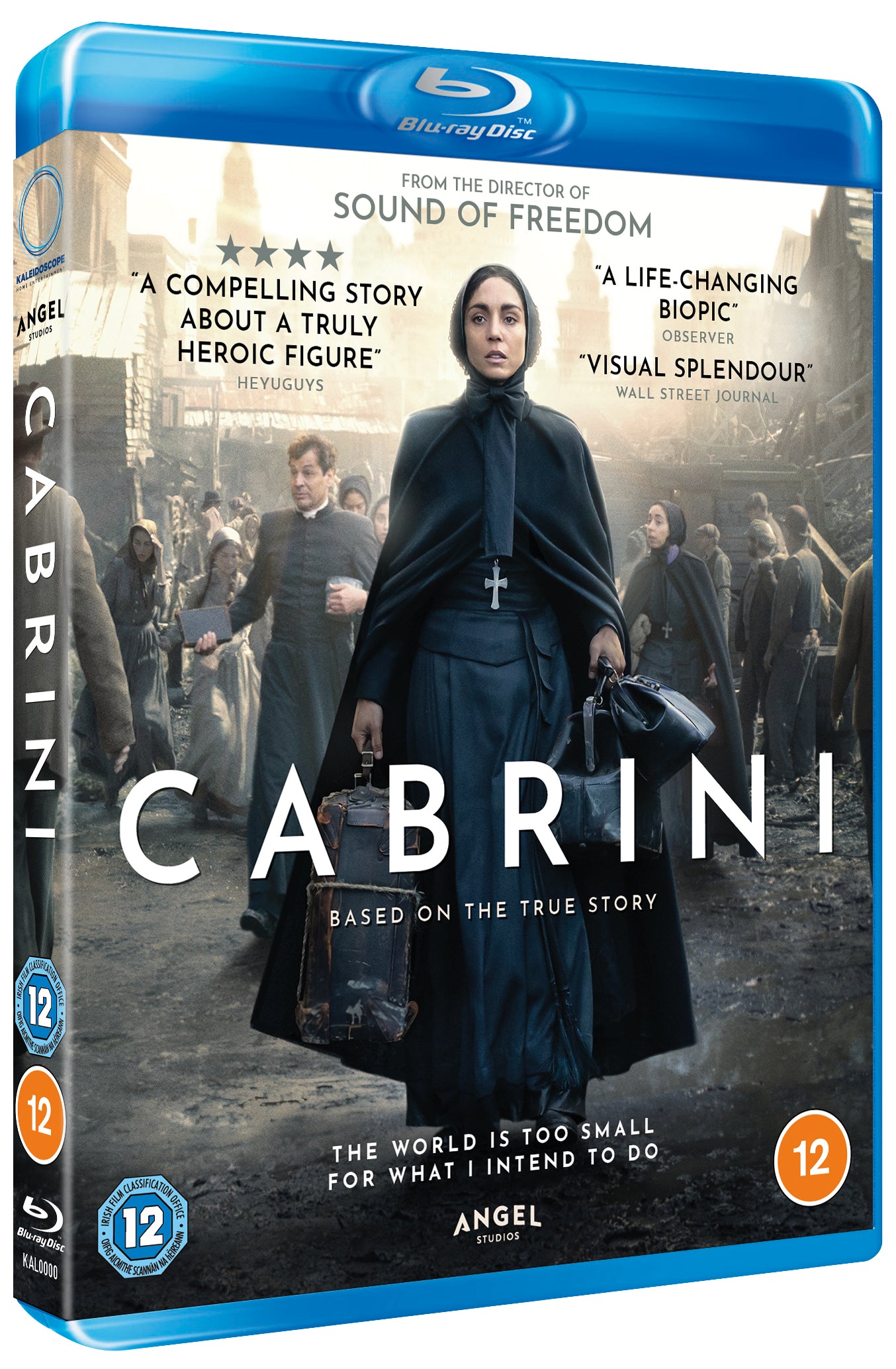 Cabrini" Blu-ray cover featuring a nun in black walking with blurred figures.