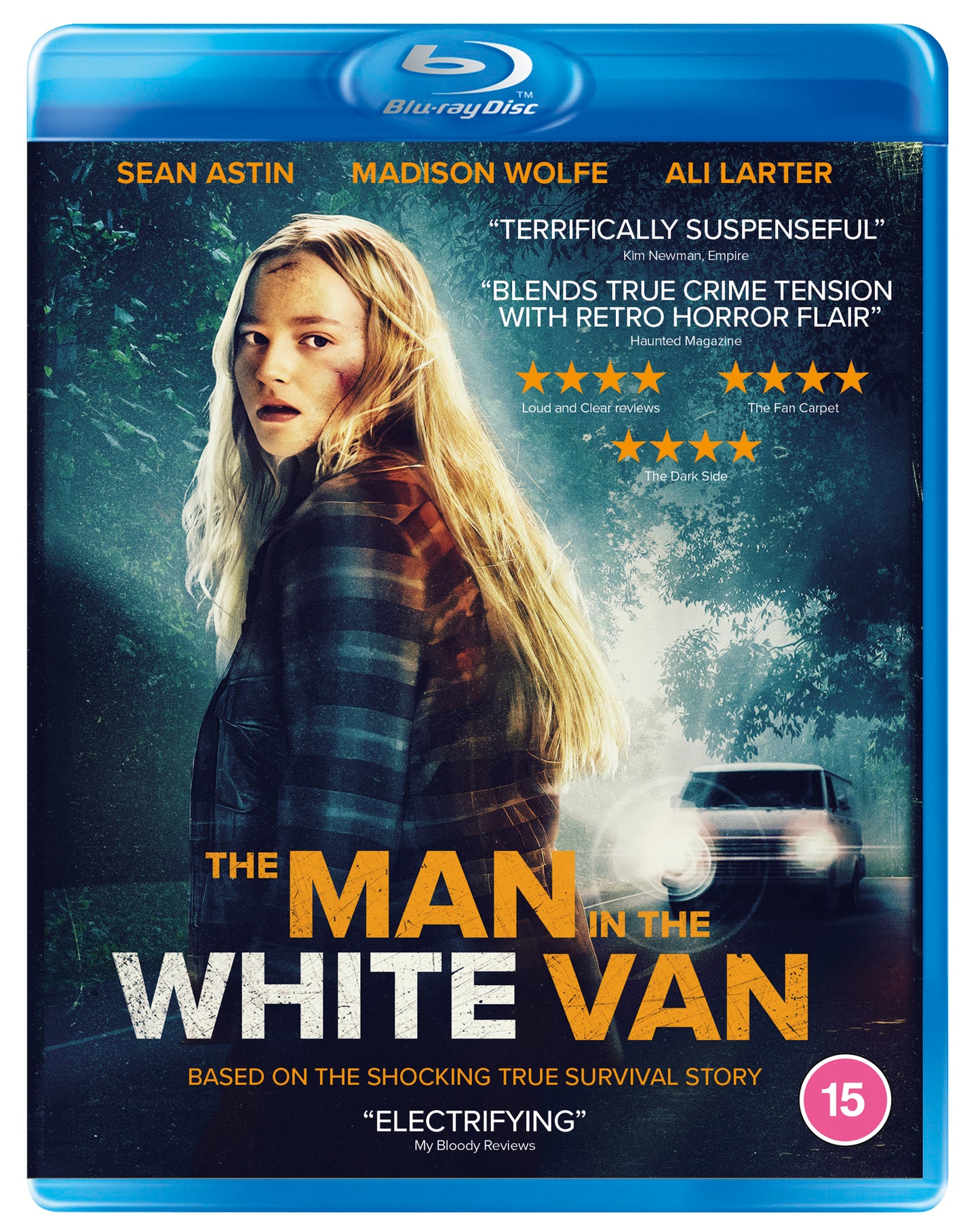 Blu-ray cover art featuring a young woman looking back at an approaching white van.