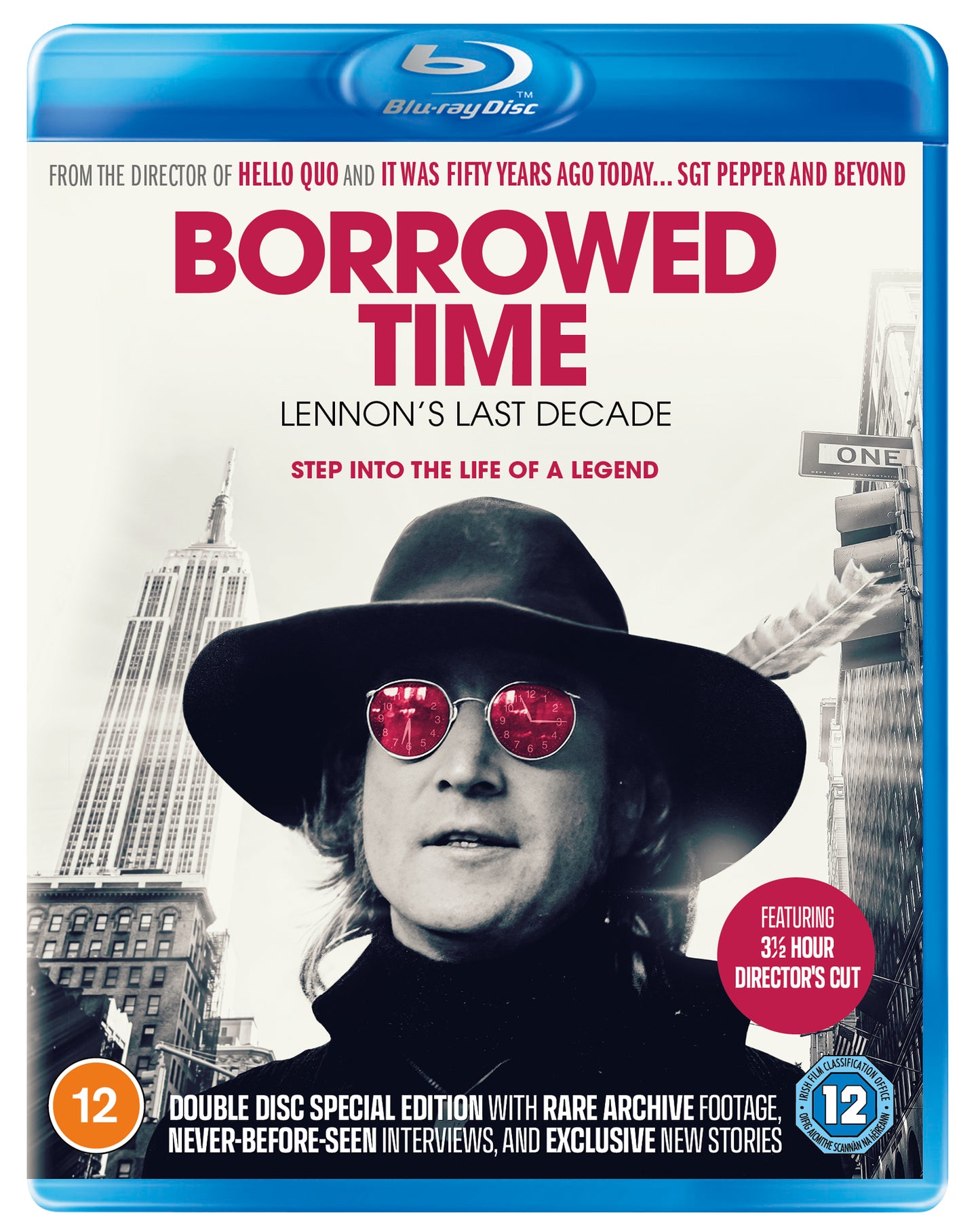 Blu-ray cover for "Borrowed Time," featuring John Lennon with clock imagery.