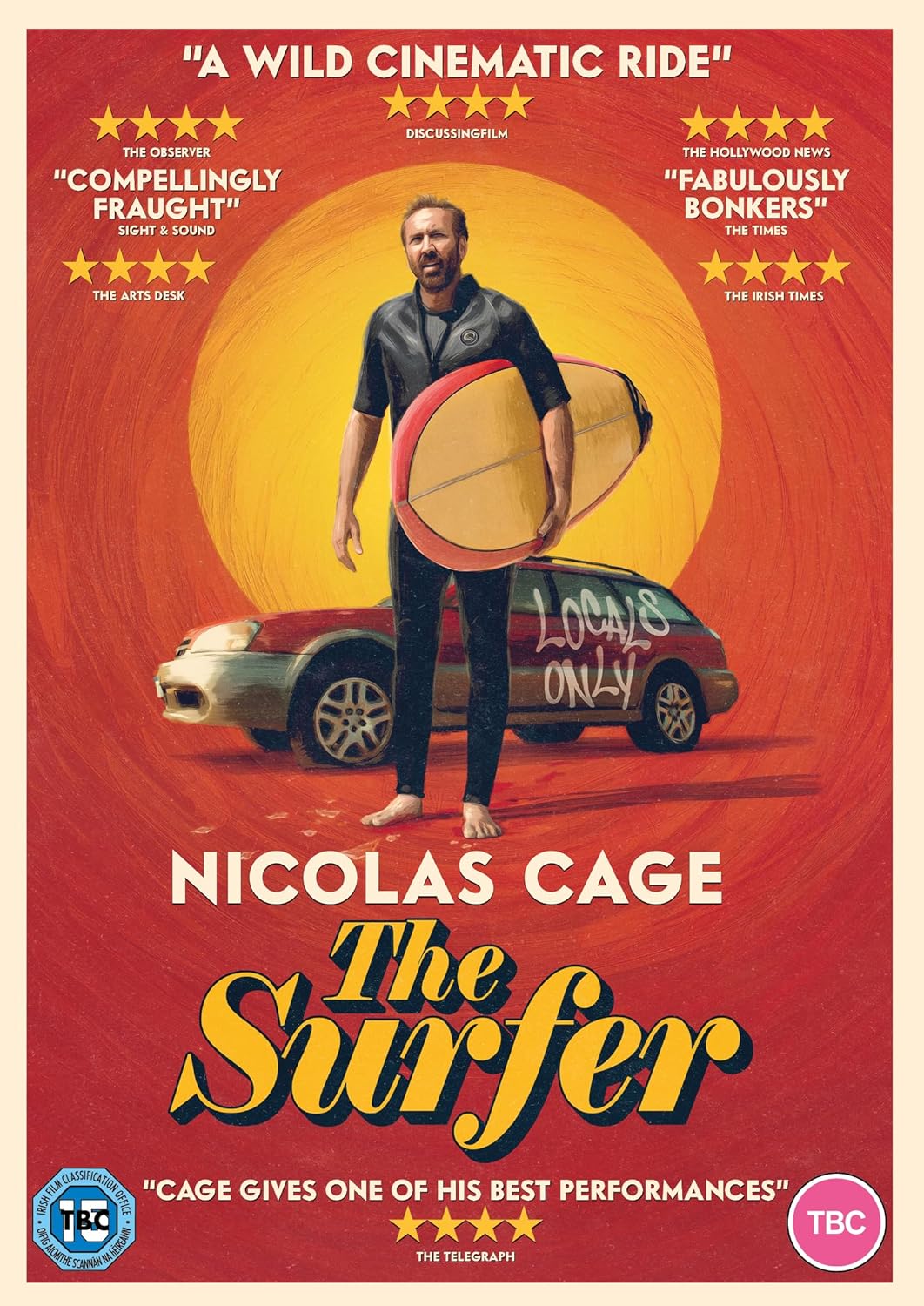 Movie poster for "The Surfer" starring Nicolas Cage, a man with a surfboard.