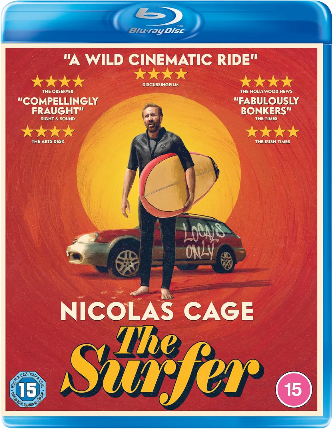 Blu-ray cover for "The Surfer" featuring Nicolas Cage with a red car.