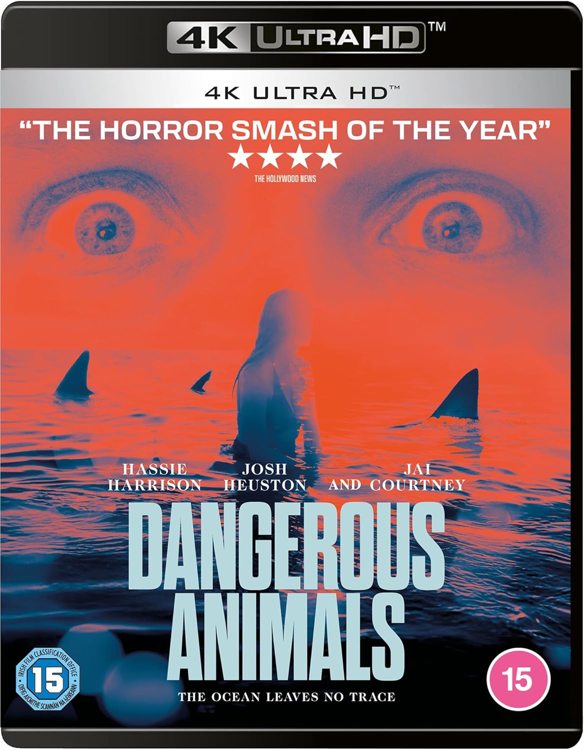 Blu-ray cover for "Dangerous Animals" featuring a shark and swimmer in red water.