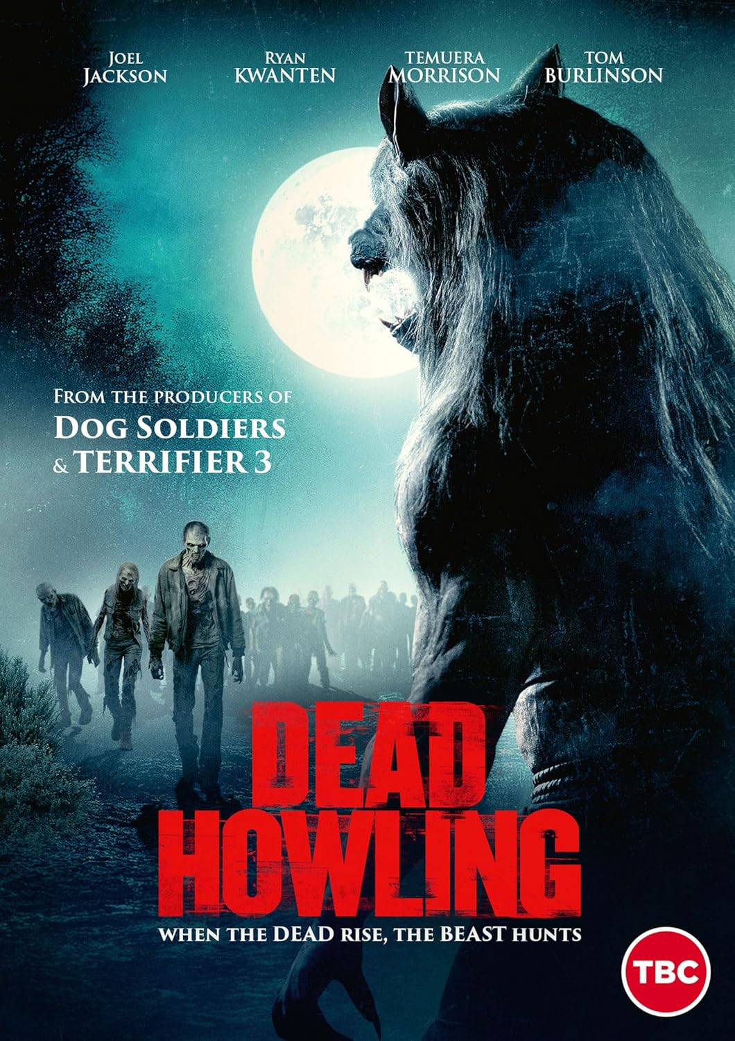 Horror movie poster: werewolf, zombies, and full moon against dark forest.