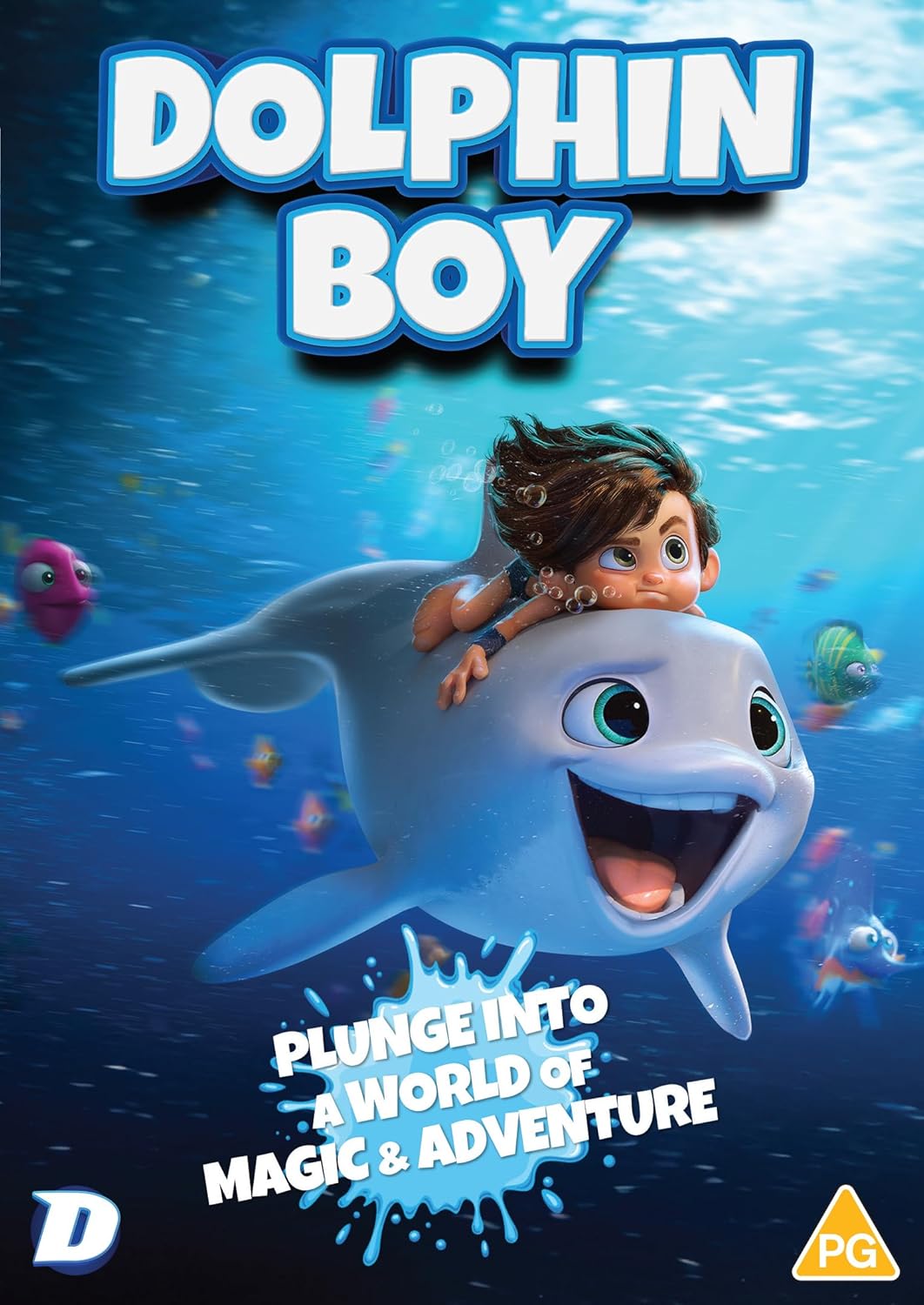 DVD cover for "Dolphin Boy" featuring a boy swimming with a dolphin.