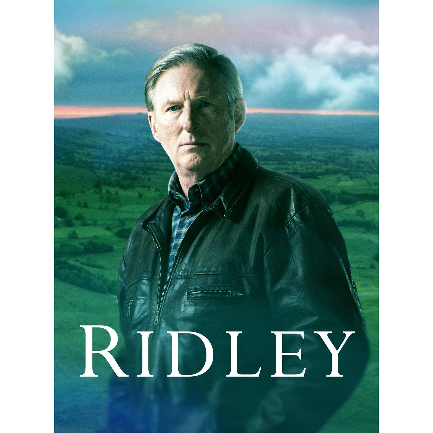 Man in leather jacket with countryside background, text "Ridley" at the bottom.