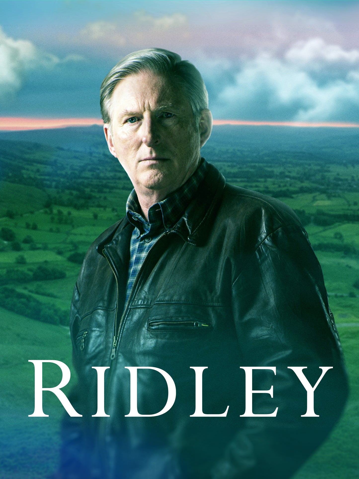 Adrian Dunbar as Ridley, a detective, against a rural landscape.