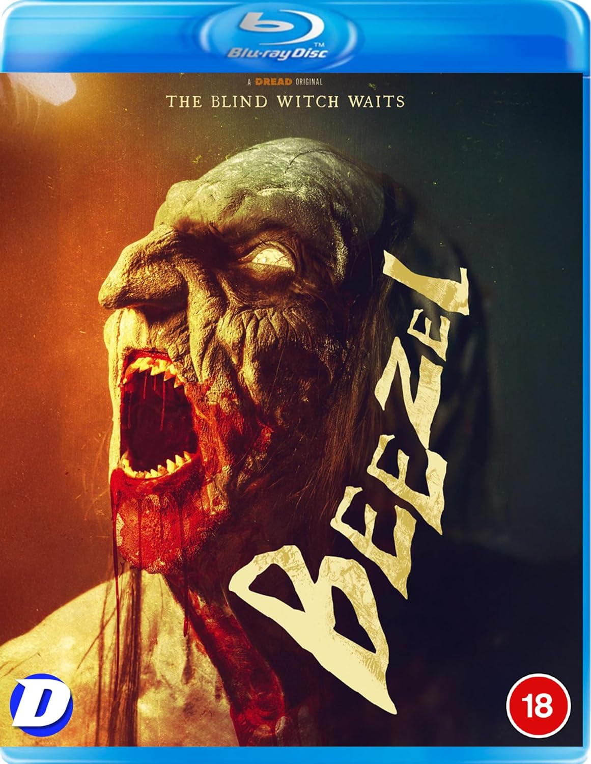 Blu-ray cover for horror film "Beezel" featuring a monstrous, snarling face.