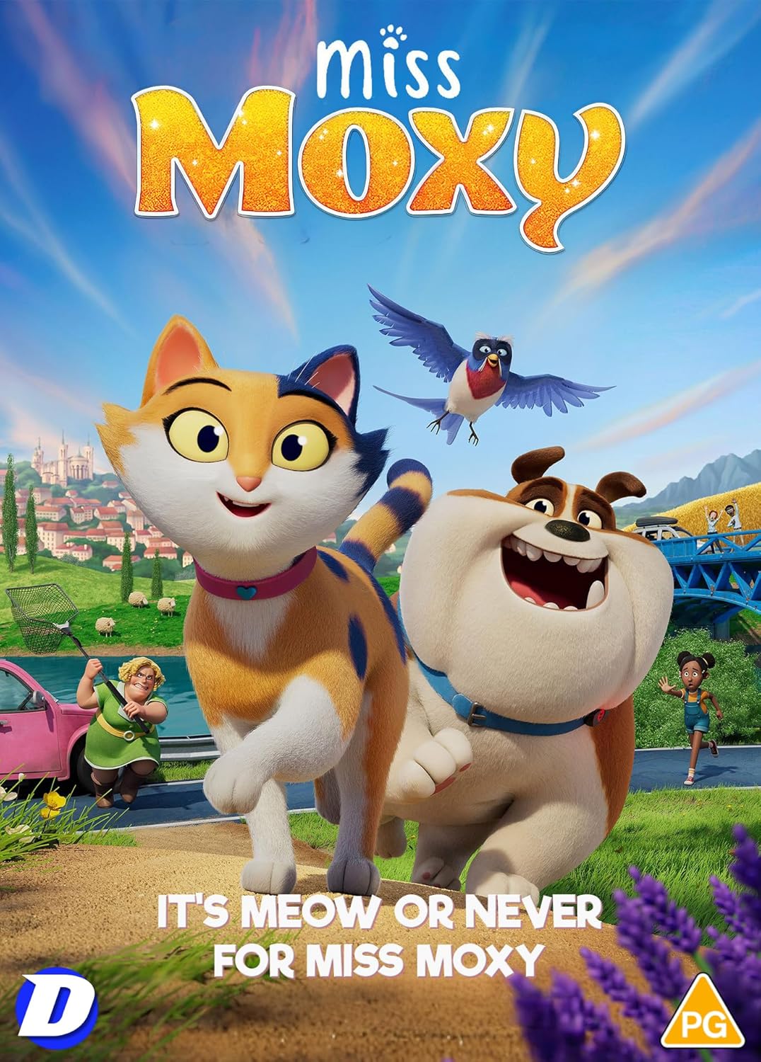 Animated cat and dog characters on a DVD cover for "Miss Moxy".
