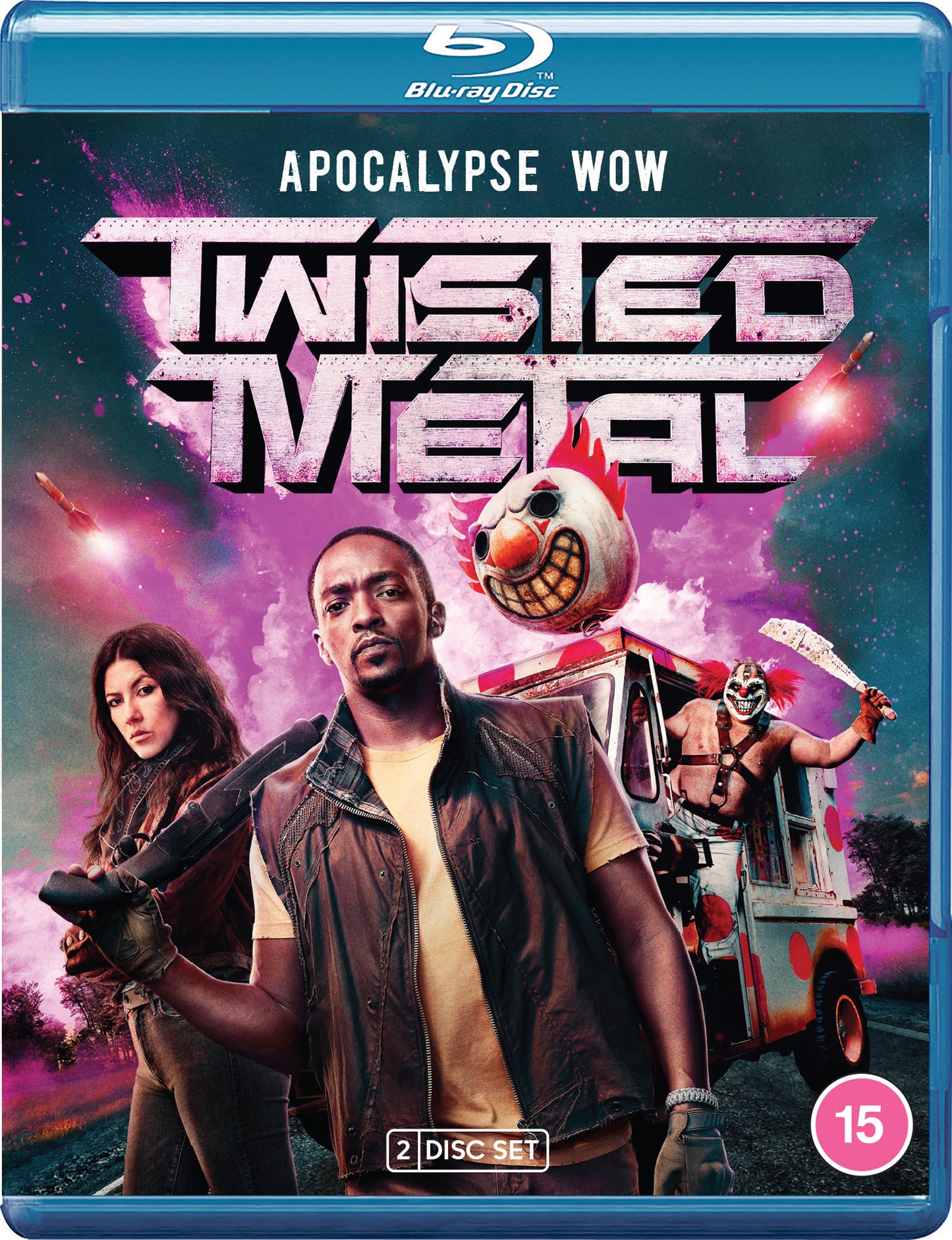 Blu-ray cover for "Twisted Metal" featuring characters and vehicles in chaos.