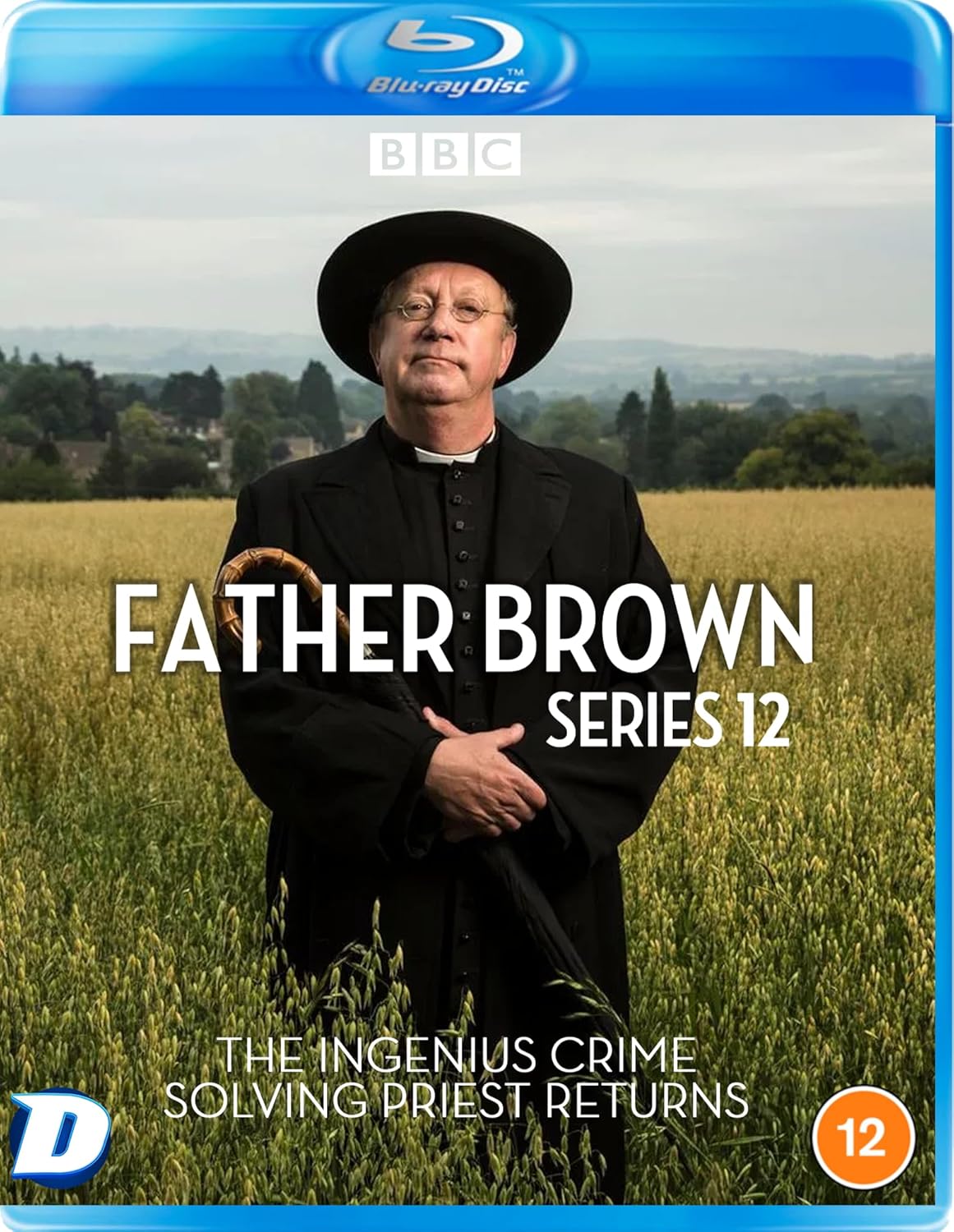 Father Brown standing in a field holding an umbrella on a Blu-ray cover.