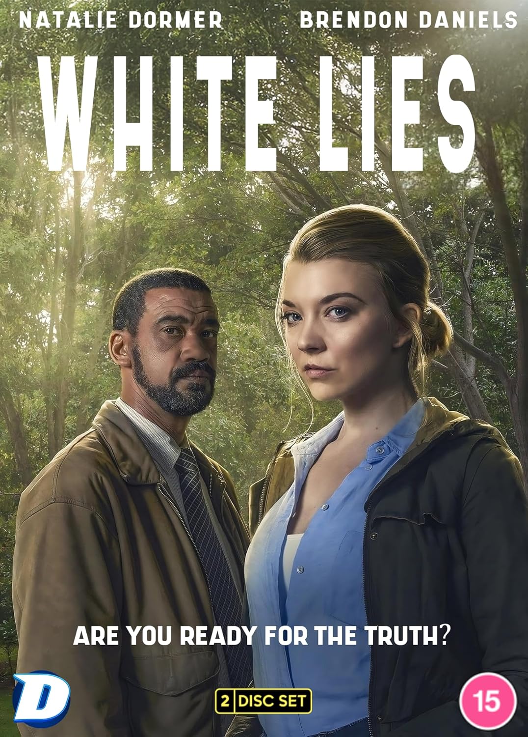 DVD cover for "White Lies" featuring two actors in a wooded setting.