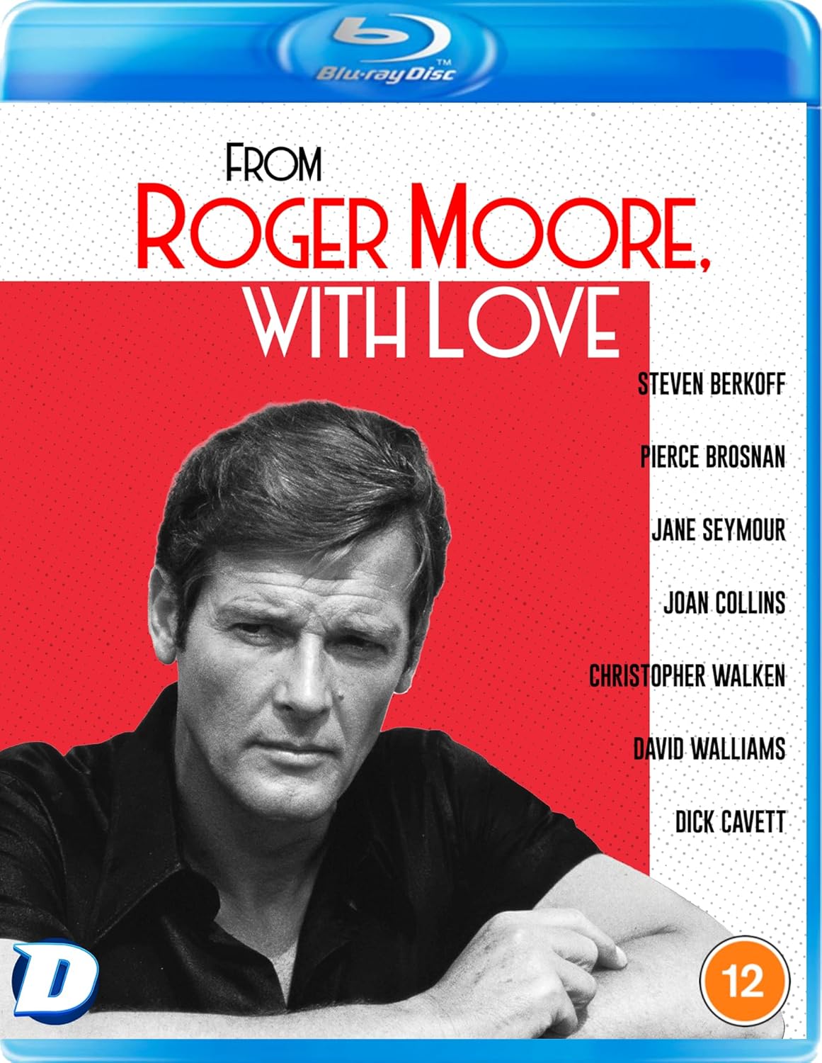 Blu-ray cover for “From Roger Moore, With Love” featuring a portrait of Roger Moore.