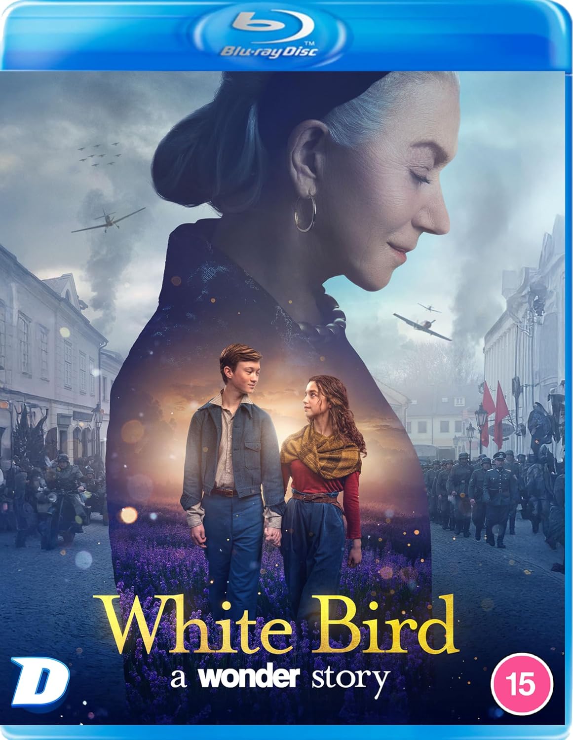 Blu-ray cover for White Bird featuring a woman's profile and two children holding hands.