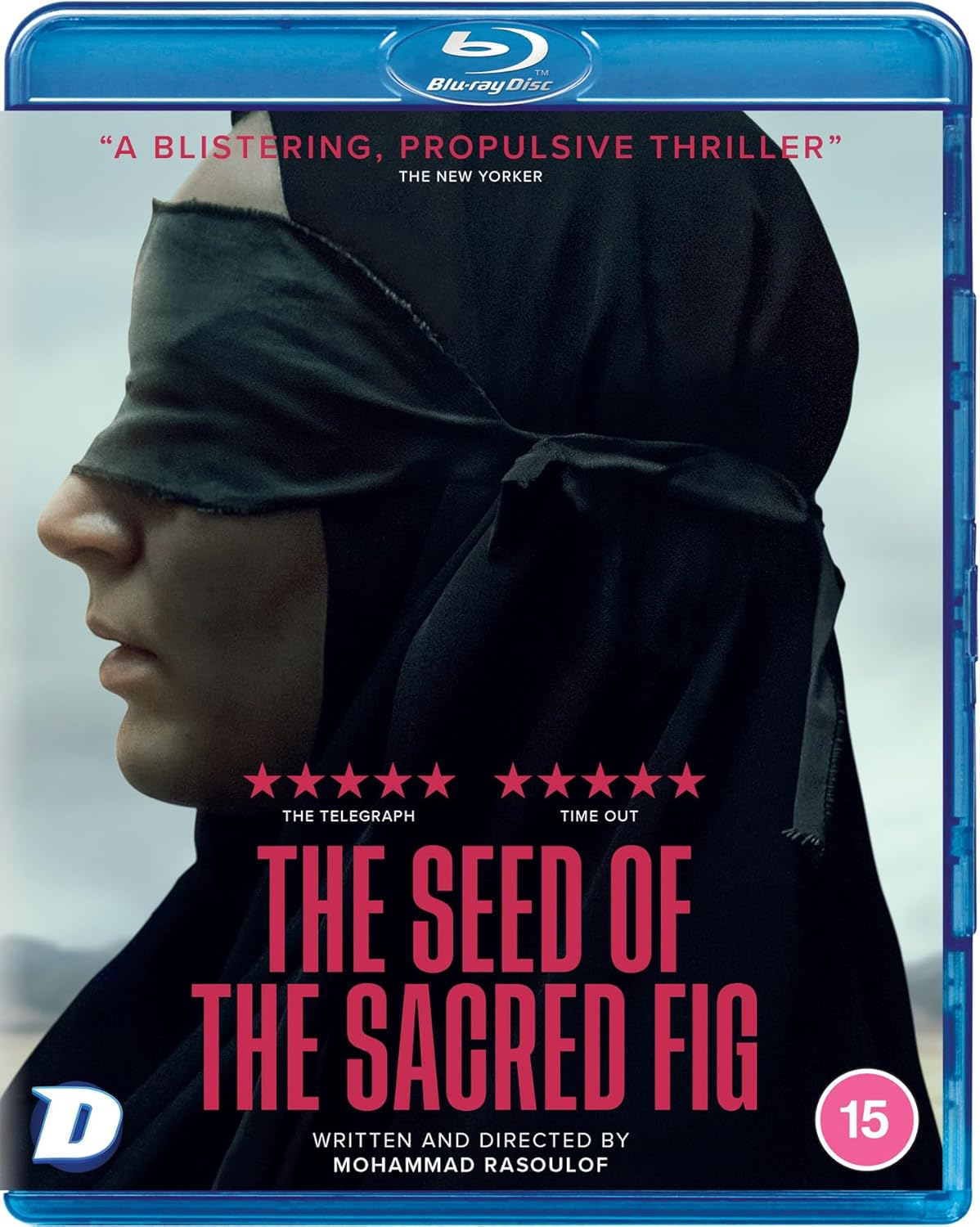 Blu-ray cover art showing a person in profile wearing a black blindfold and headscarf.
