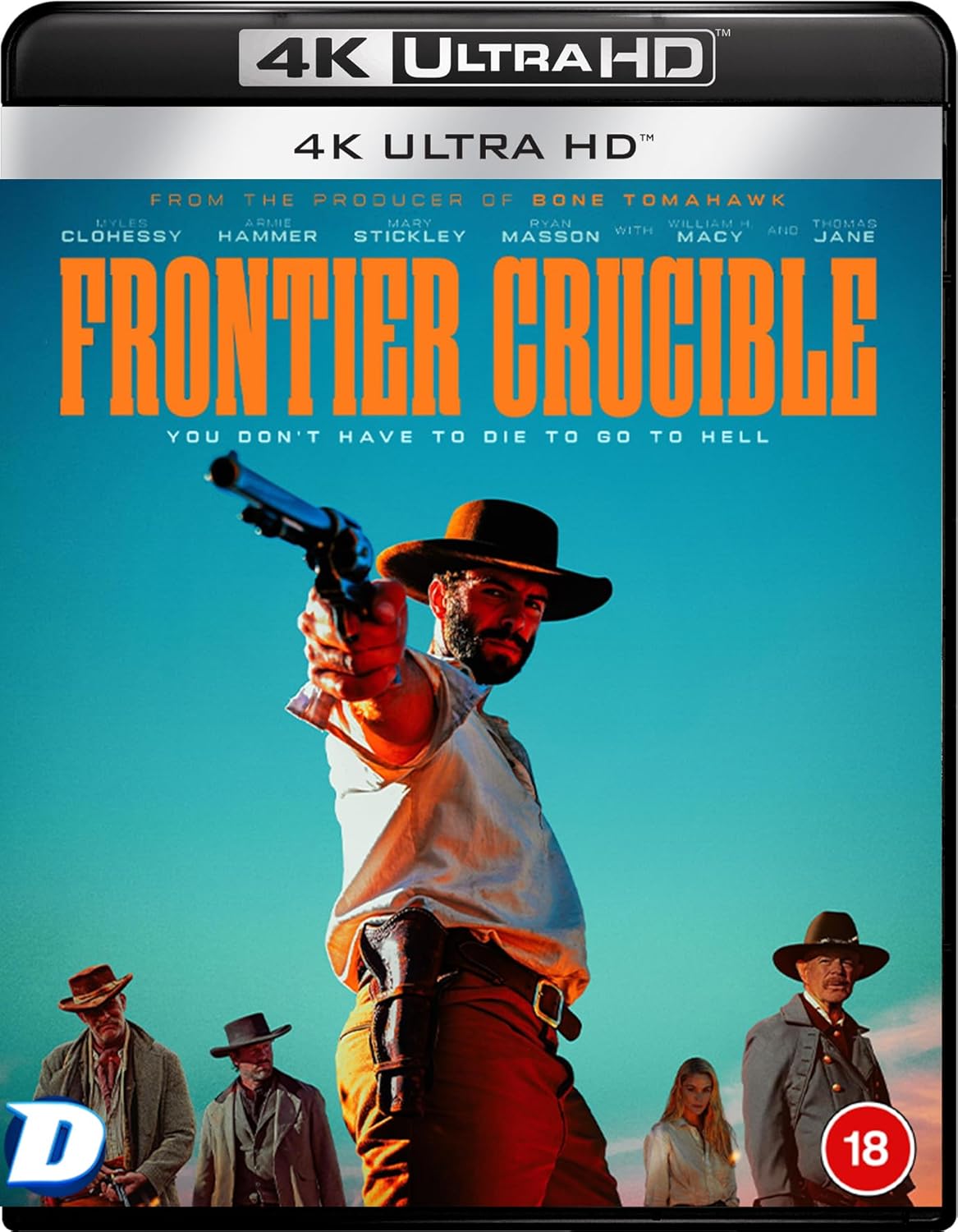 Frontier Crucible" 4K Blu-ray cover featuring a man with a gun and cowboys.