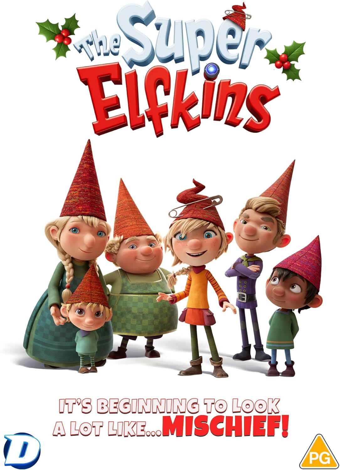 Six cartoon elf children with red hats stand together on a white background.