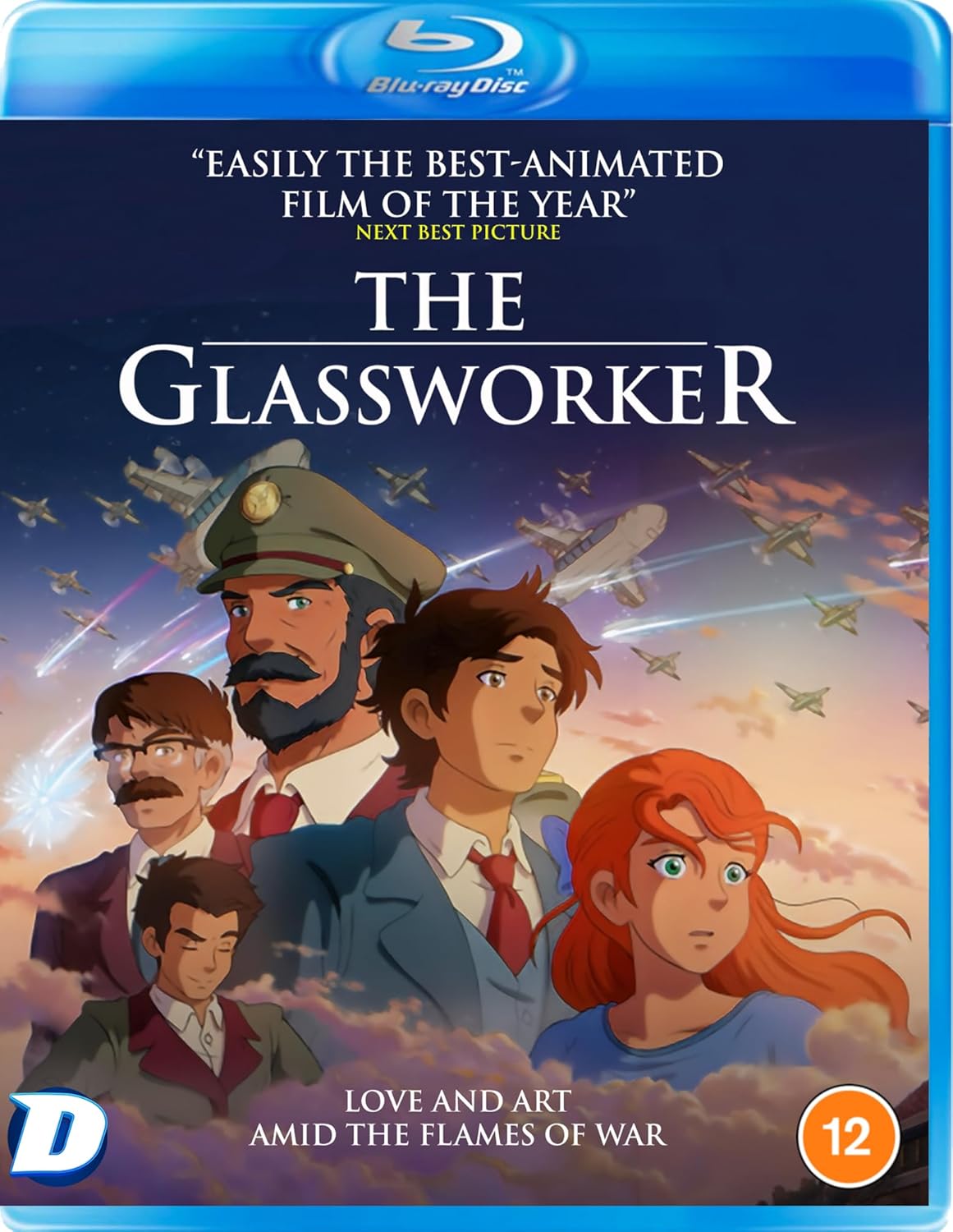 Blu-ray cover for animated film "The Glassworker" featuring characters and planes.