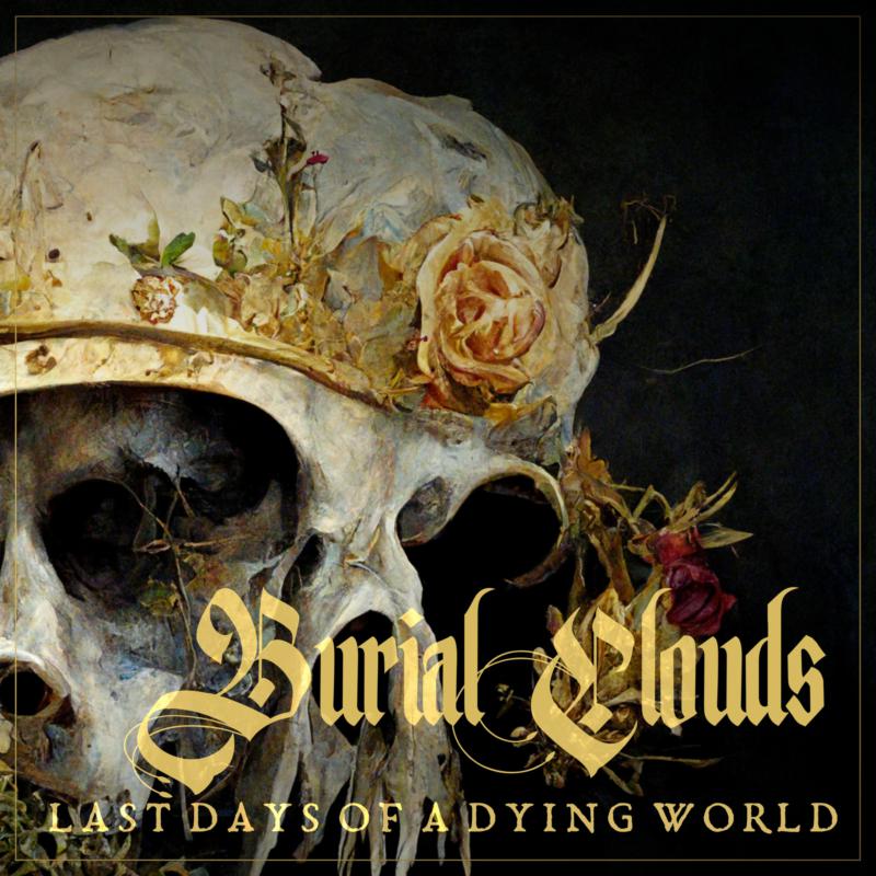 Skull wearing a floral crown, dark background, album cover art.