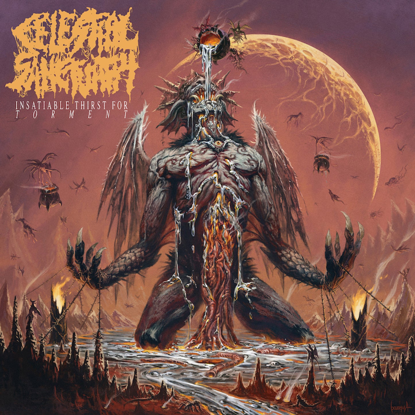 Dark fantasy album cover featuring a monstrous, winged figure in a wasteland.