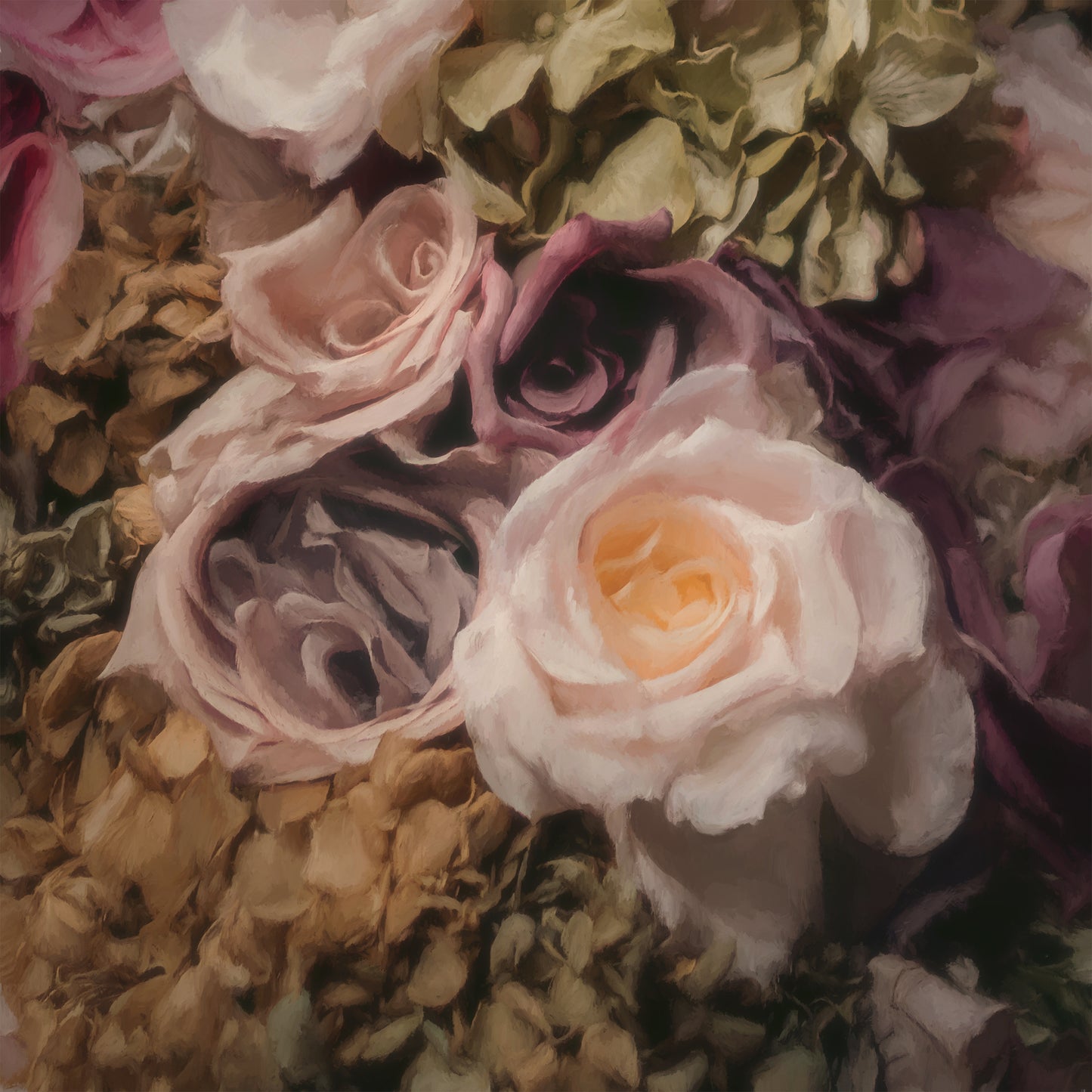 An oil painting style close-up of soft pink and white roses with dried foliage.