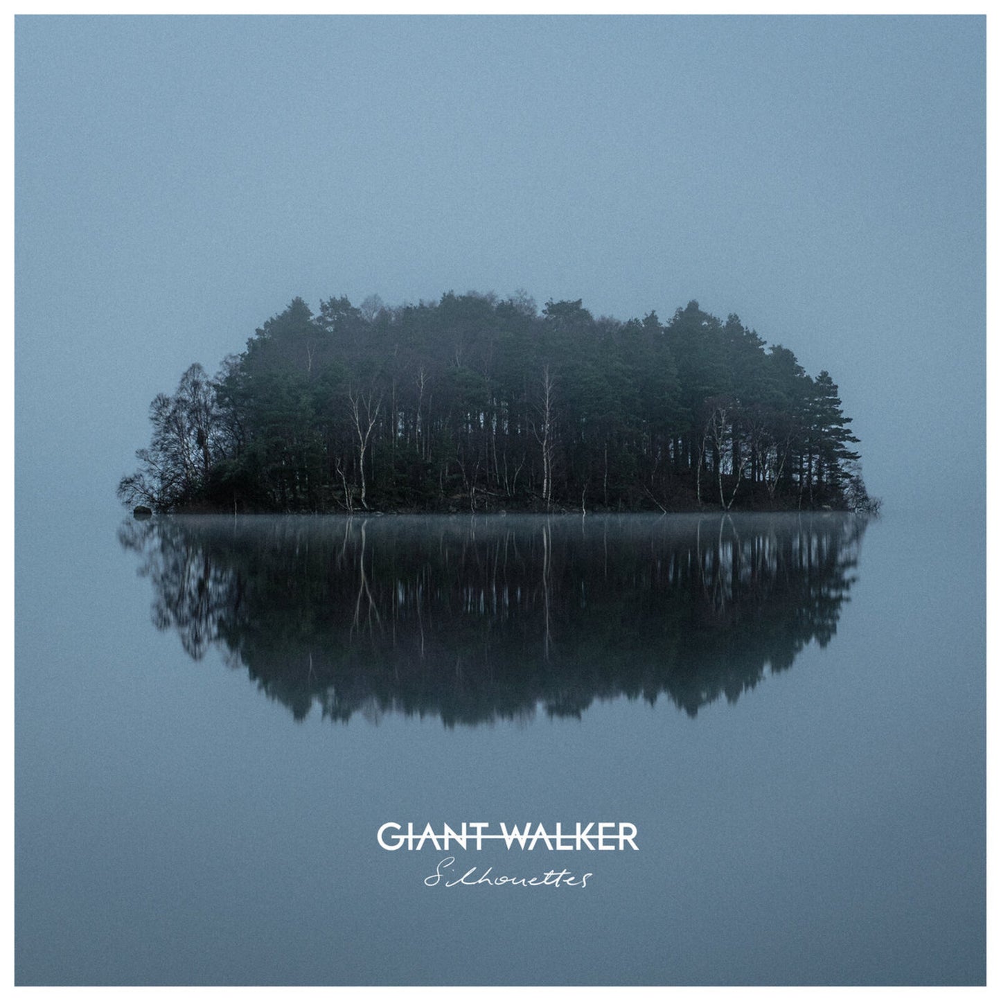 Dark silhouette of trees on an island reflected in still, blue water.
