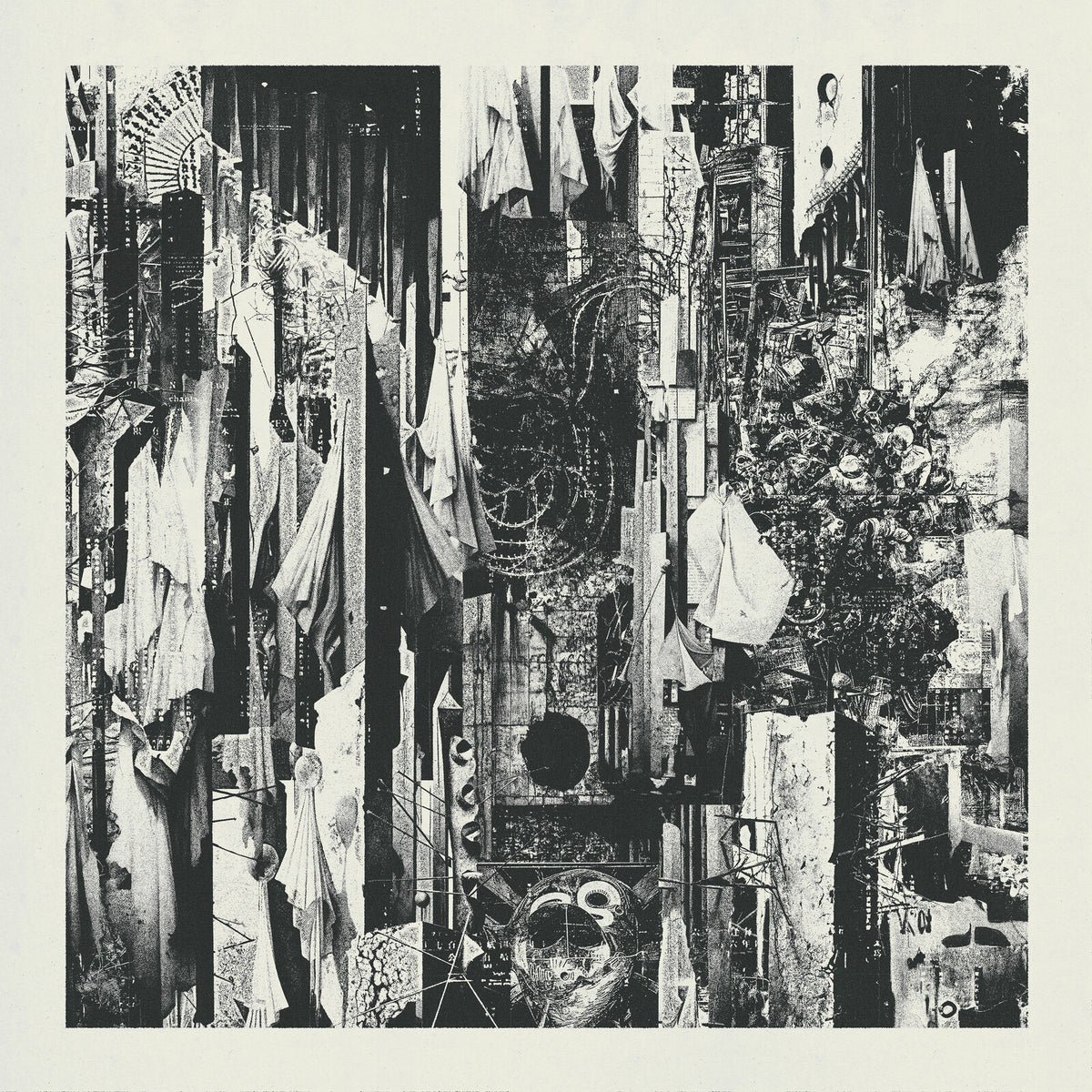 Black and white abstract collage album cover for Wren's "Black Rain Falls.