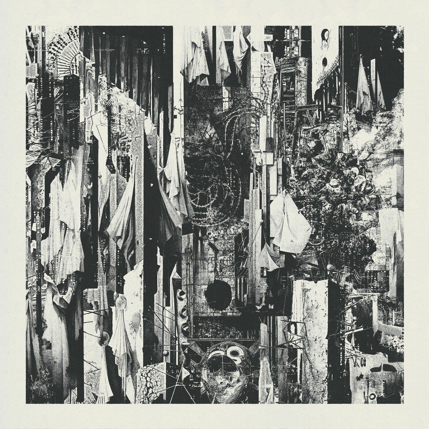 Black and white abstract collage album cover for Wren’s “Black Rain Falls.”