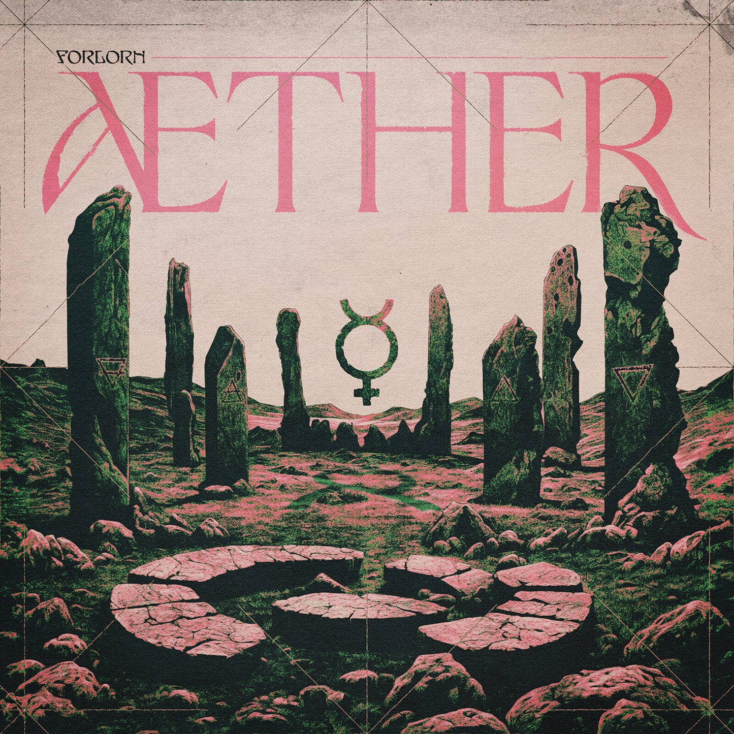 CD cover for "Forlorn - Aether" featuring stone monoliths and symbols.