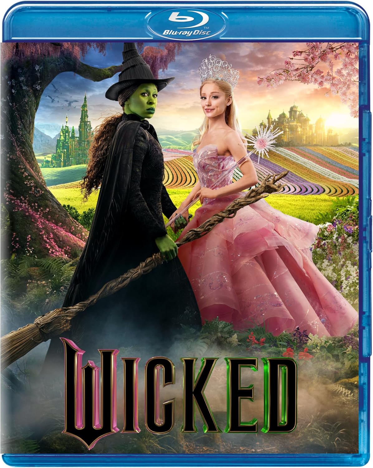Blu-ray cover featuring Elphaba in black and Glinda in pink standing in Oz.