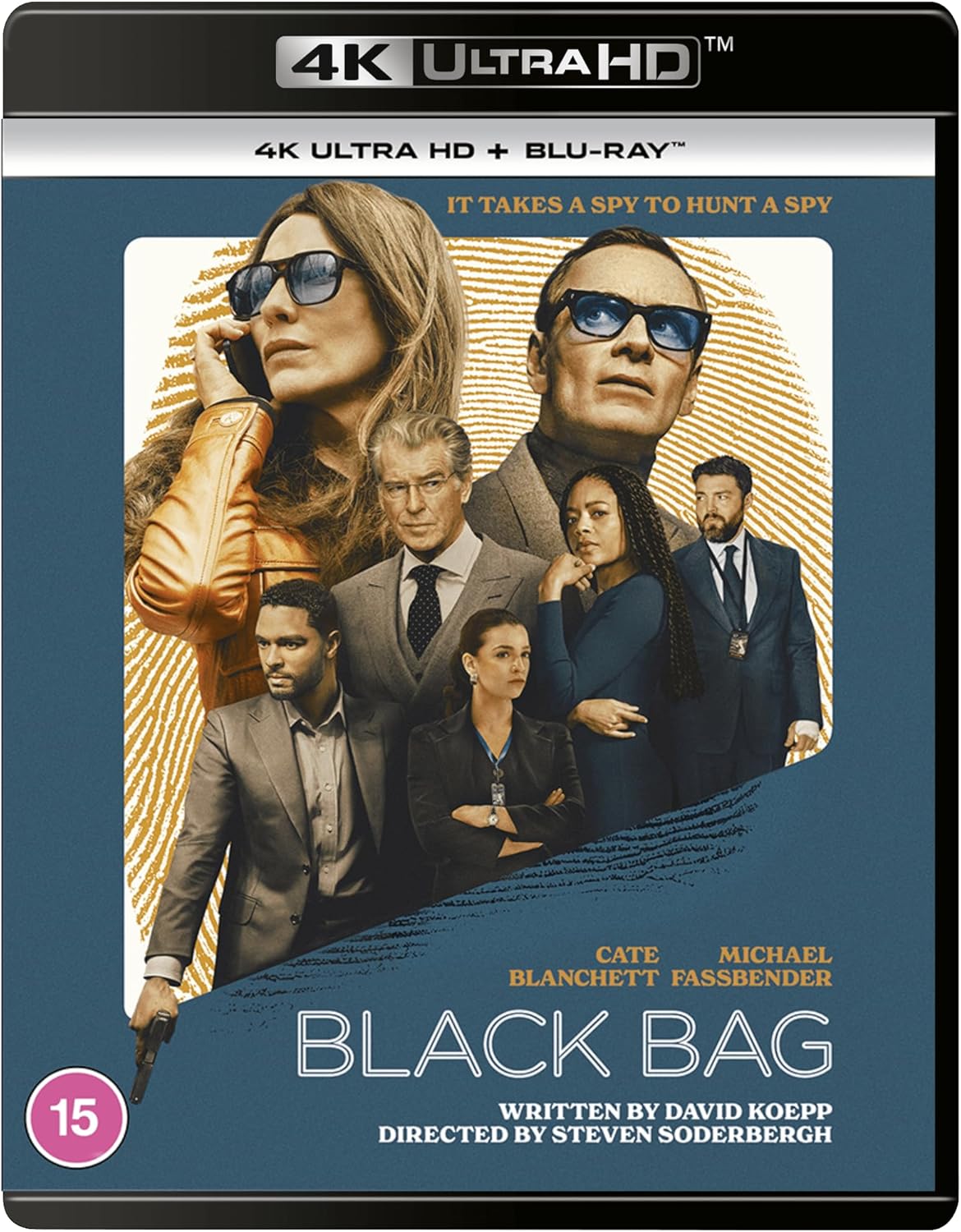 Blu-ray cover for "Black Bag" featuring a group of people in suits.