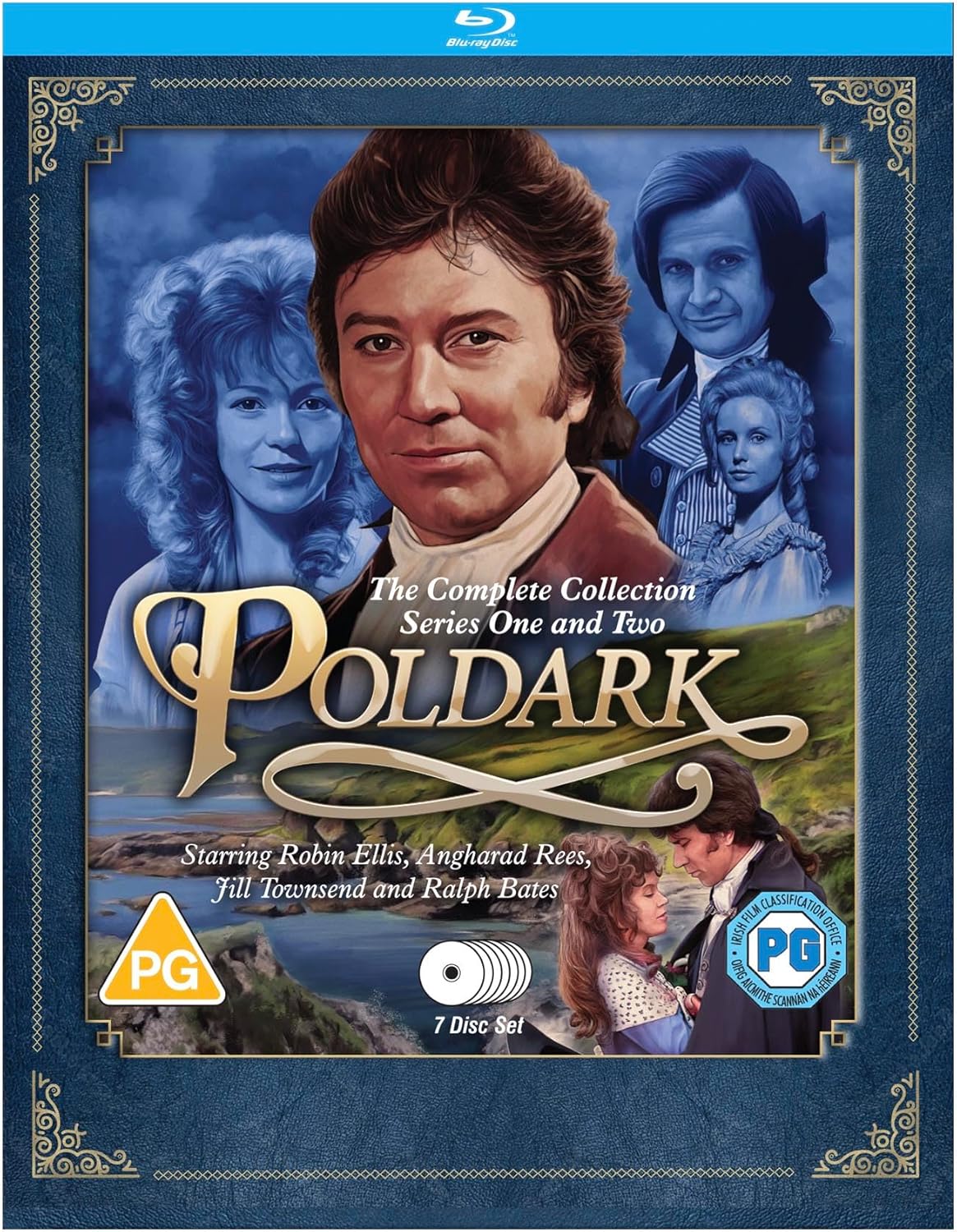 Poldark Blu-ray cover featuring Robin Ellis and Angharad Rees in period attire.