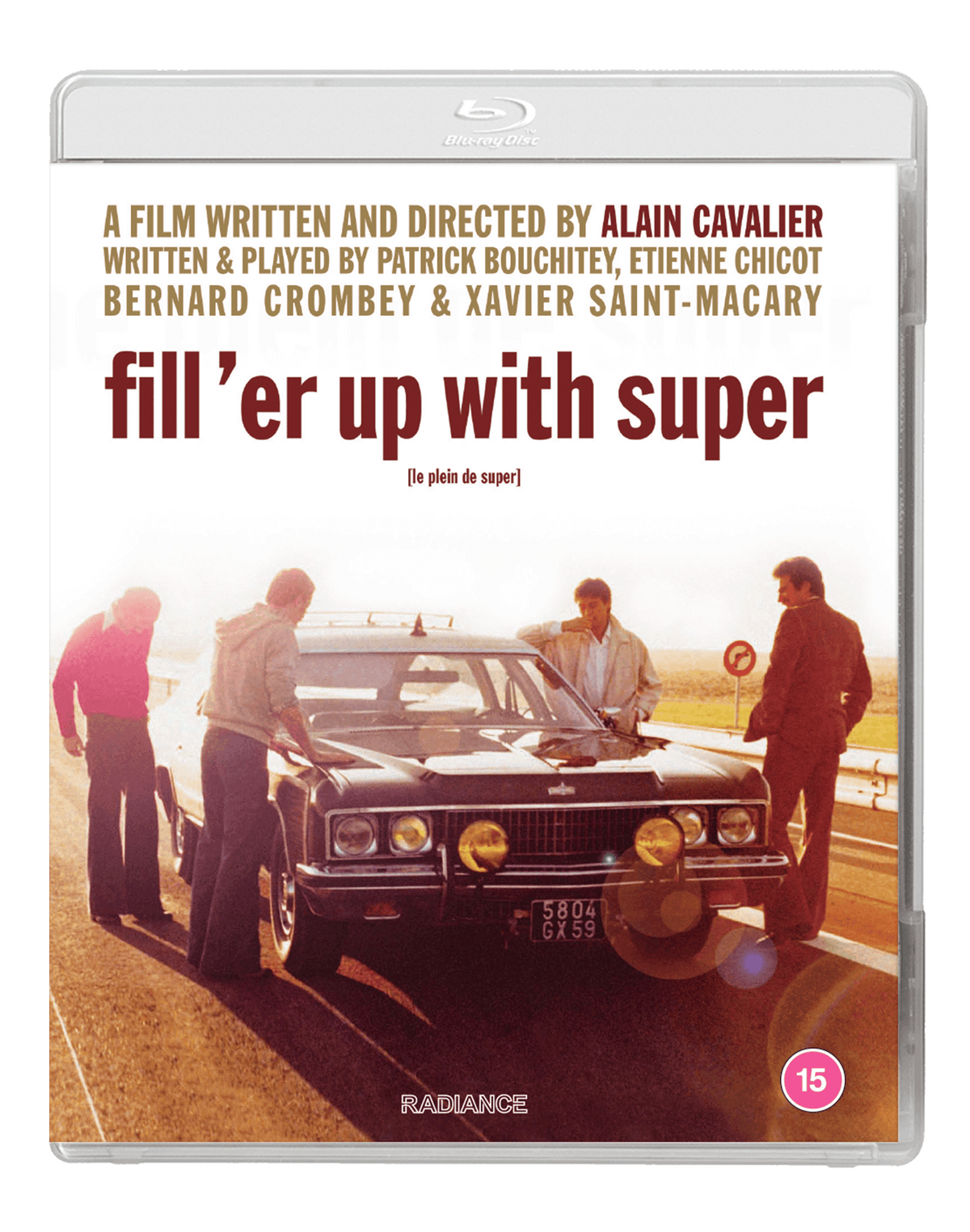 Blu-ray cover for “Fill ‘er up with Super” showing men and a dark car.