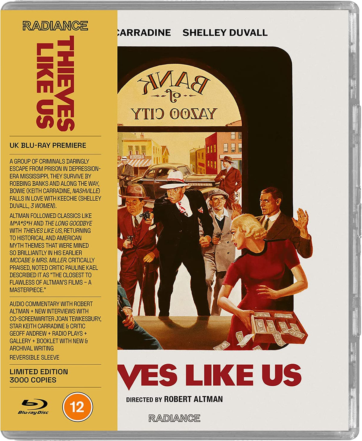 Blu-ray cover for “Thieves Like Us” featuring a 1930s bank robbery scene.