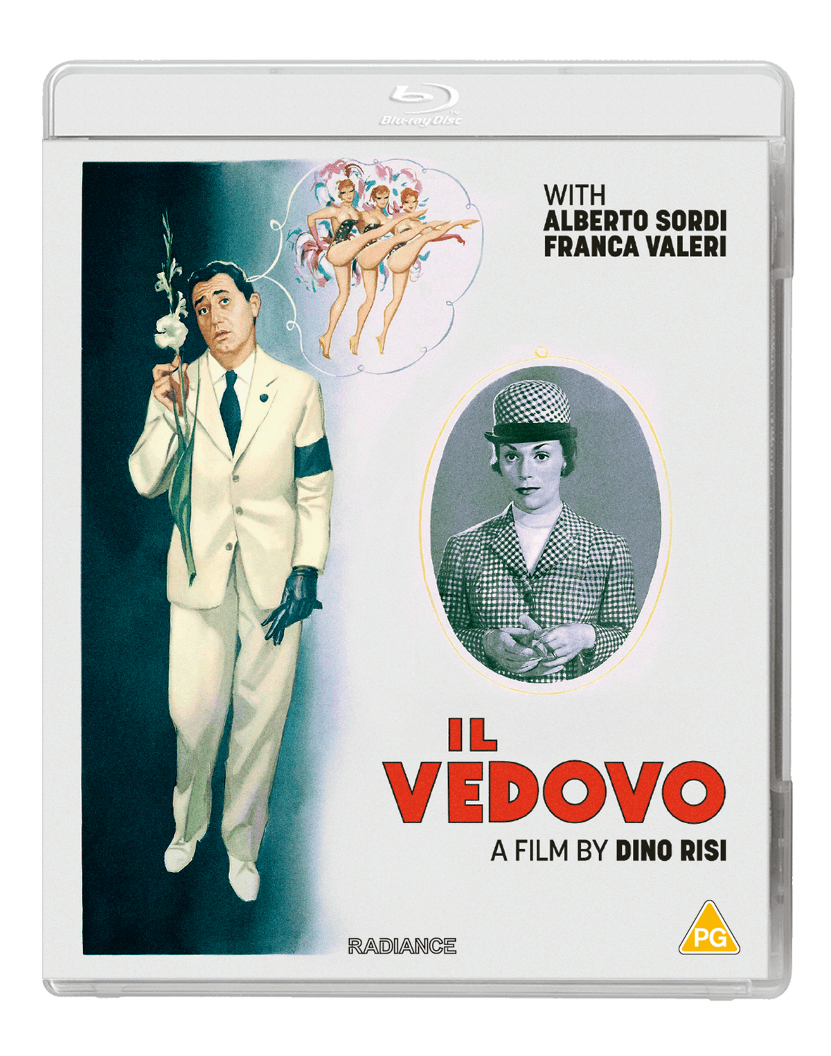 Blu-ray cover for "Il vedovo" featuring a man in a suit and dancers.