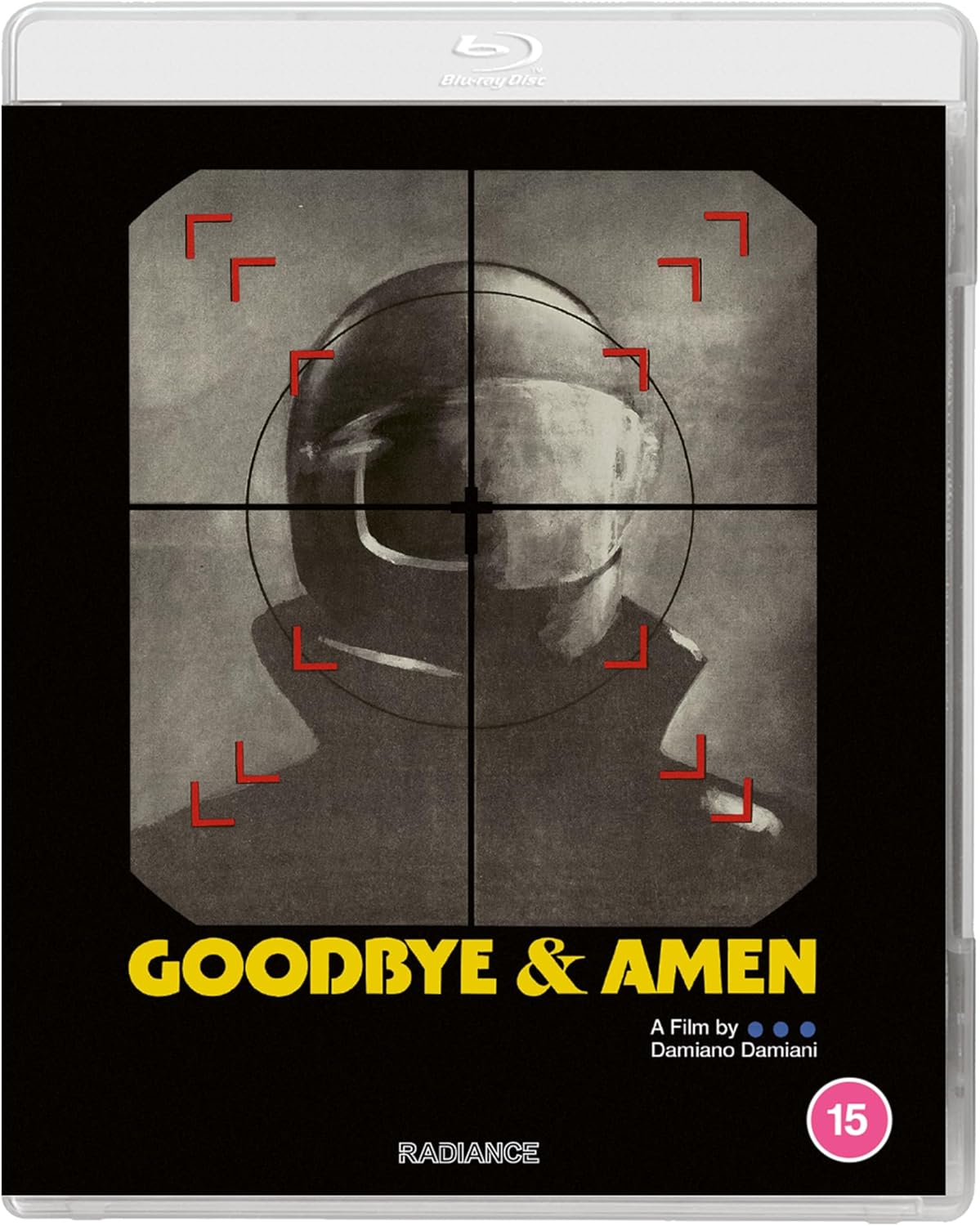 Blu-ray cover for "Goodbye & Amen" featuring a man in a helmet with crosshairs.
