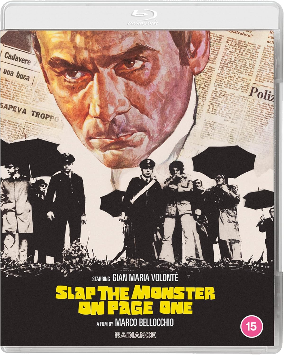 Blu-ray cover featuring a distressed man surrounded by police and newspapers.