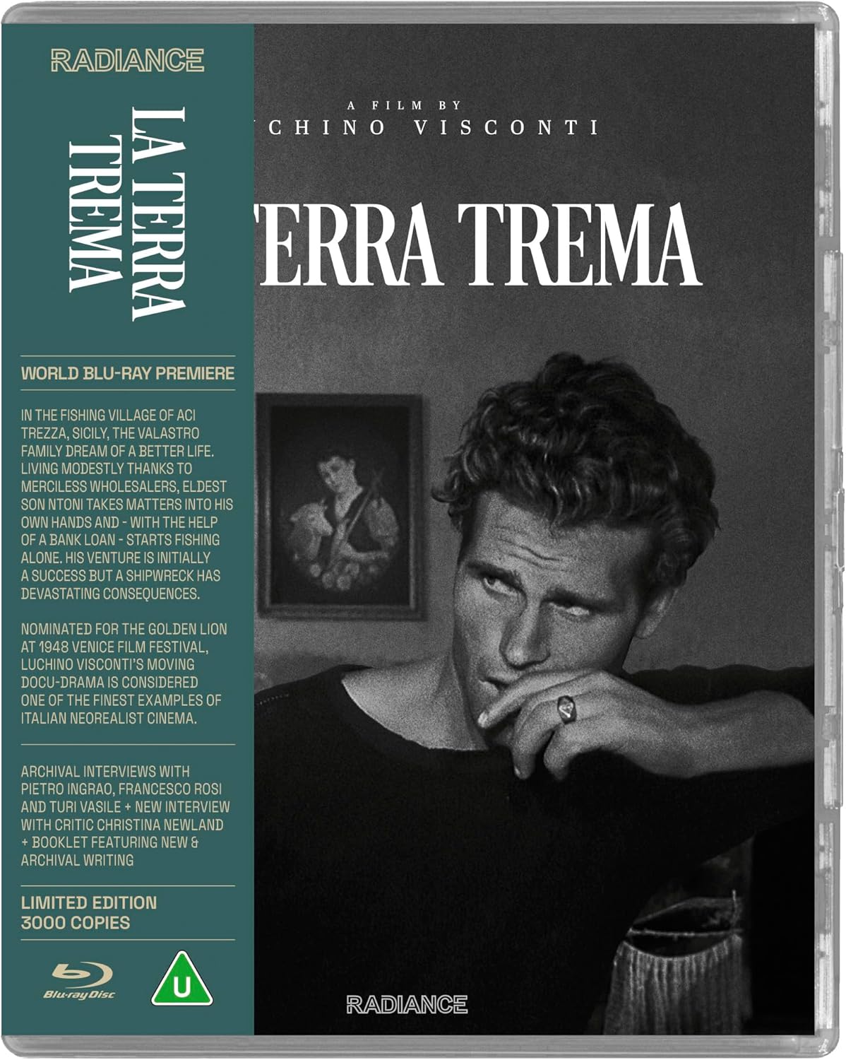 Blu-ray cover for Italian film "La Terra Trema" with bold white text.