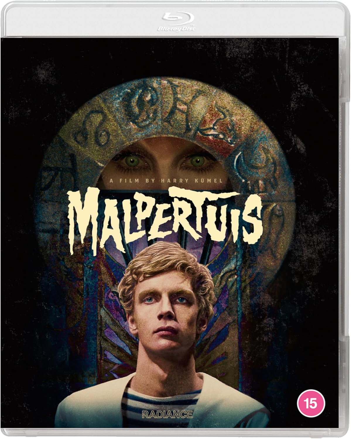 Blu-ray cover for “Malpertuis” featuring a young man and ornate design.