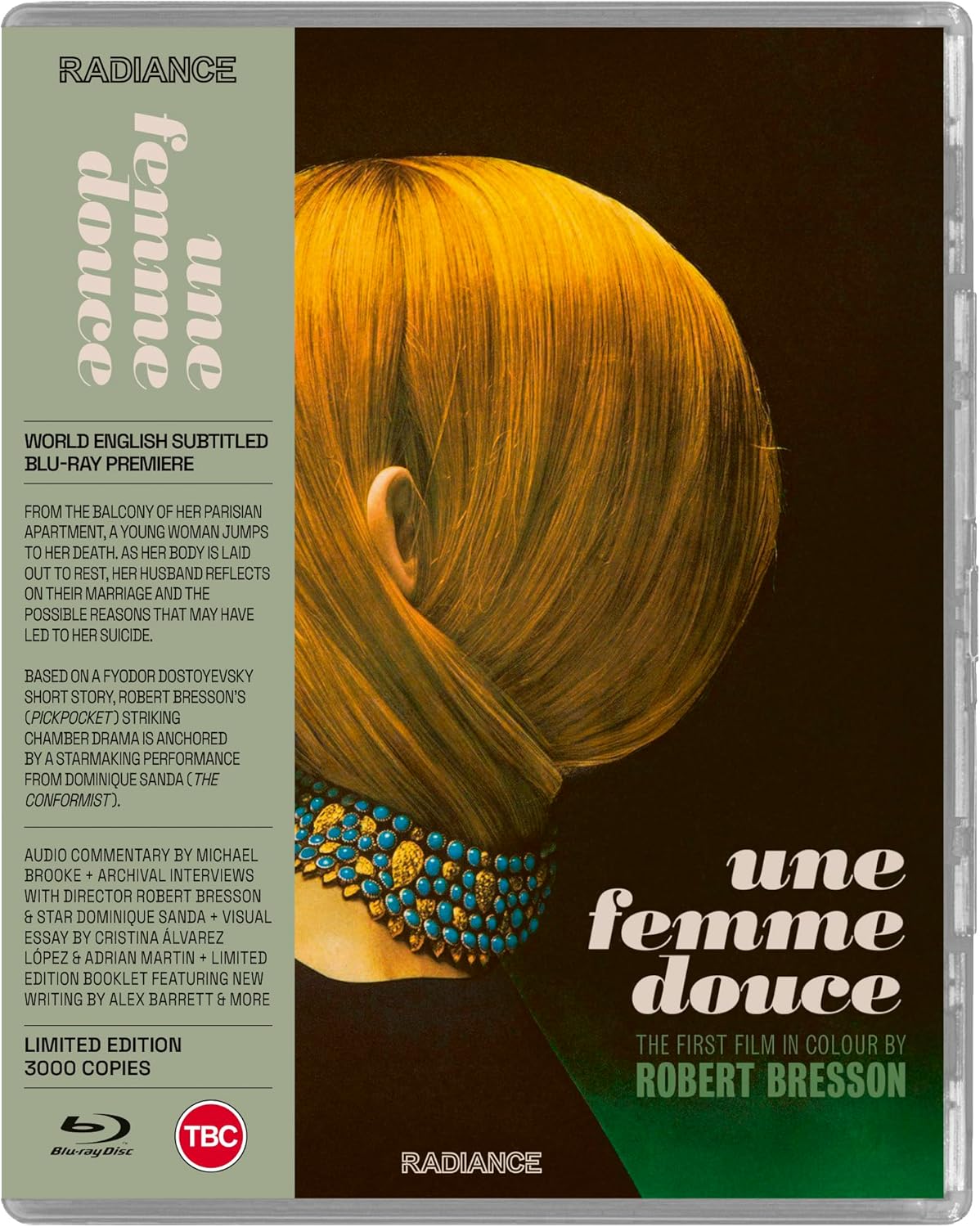 Blu-ray cover for Une femme douce featuring a woman with blonde hair and jewelry.