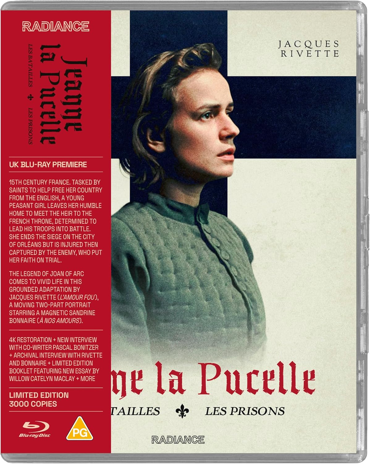 Blu-ray cover for "Jeanne la Pucelle" featuring Sandrine Bonnaire in period costume.