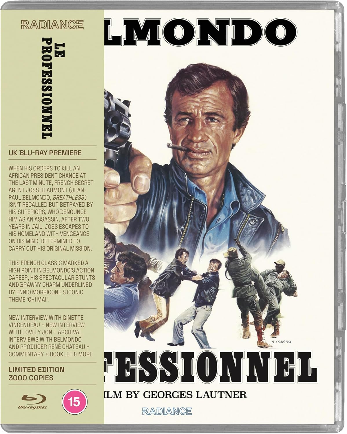 Blu-ray cover for "Le Professionnel" featuring Jean-Paul Belmondo with a gun.