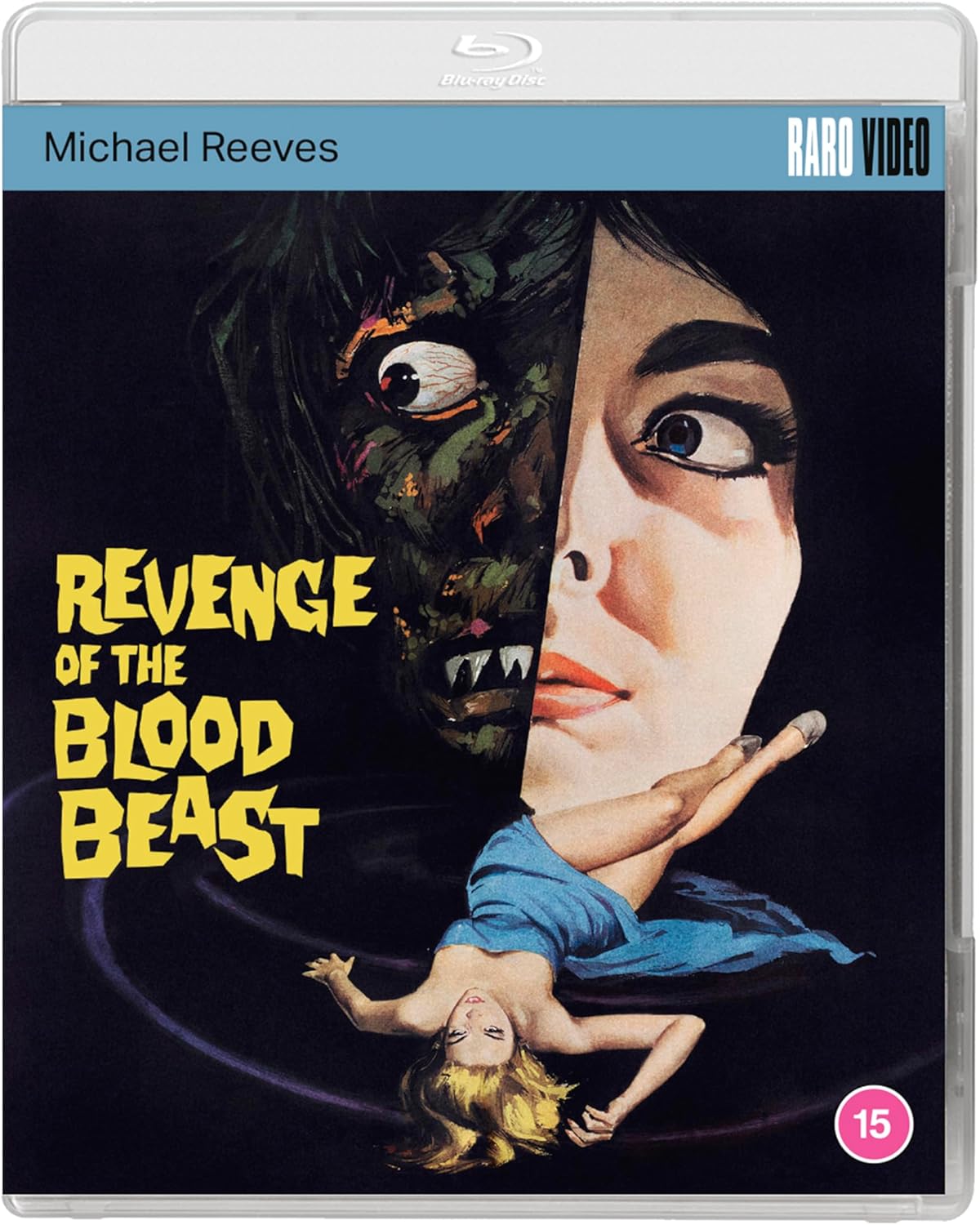 Blu-ray cover for "Revenge of the Blood Beast" featuring a distressed woman and monster.