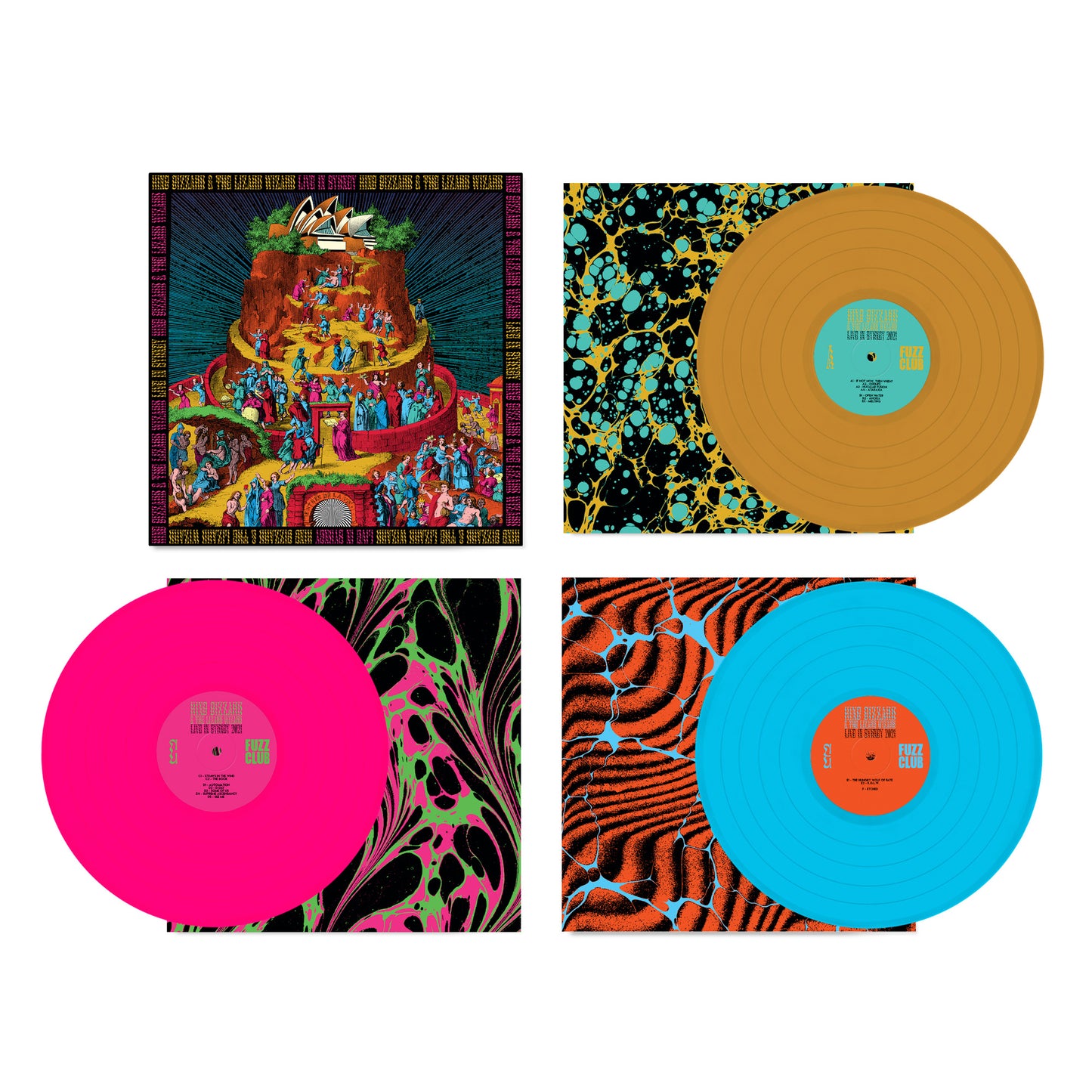 King Gizzard vinyl record with colorful, psychedelic artwork and four discs.