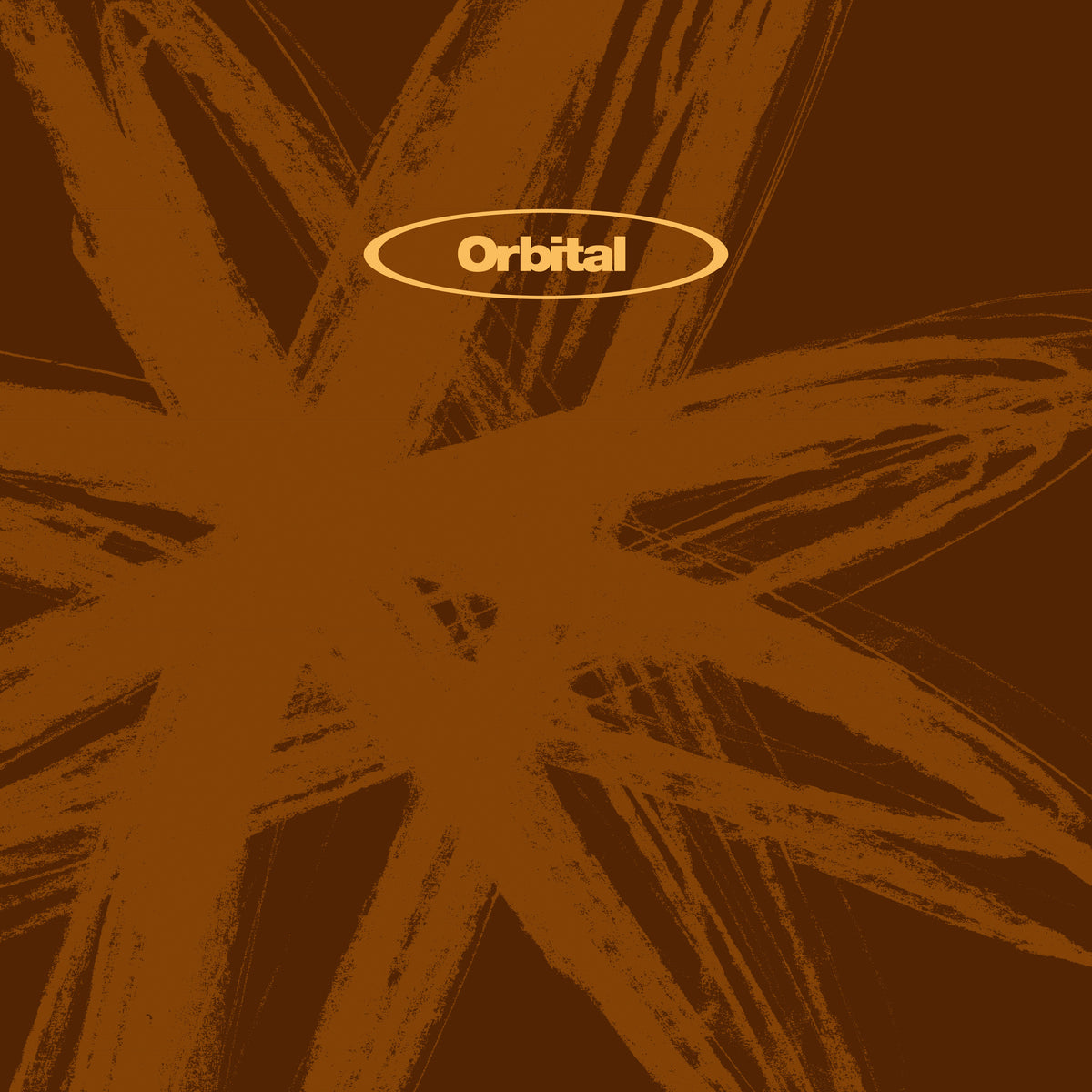Orbital album cover: brown and orange abstract radial design with text.