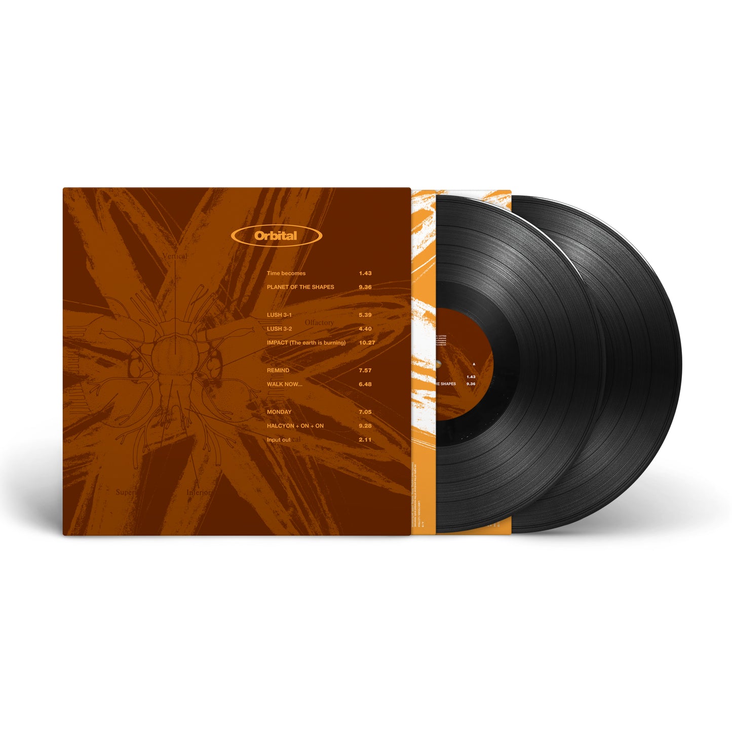 Orange vinyl record of Orbital’s “The Brown Album” with tracklist detail.