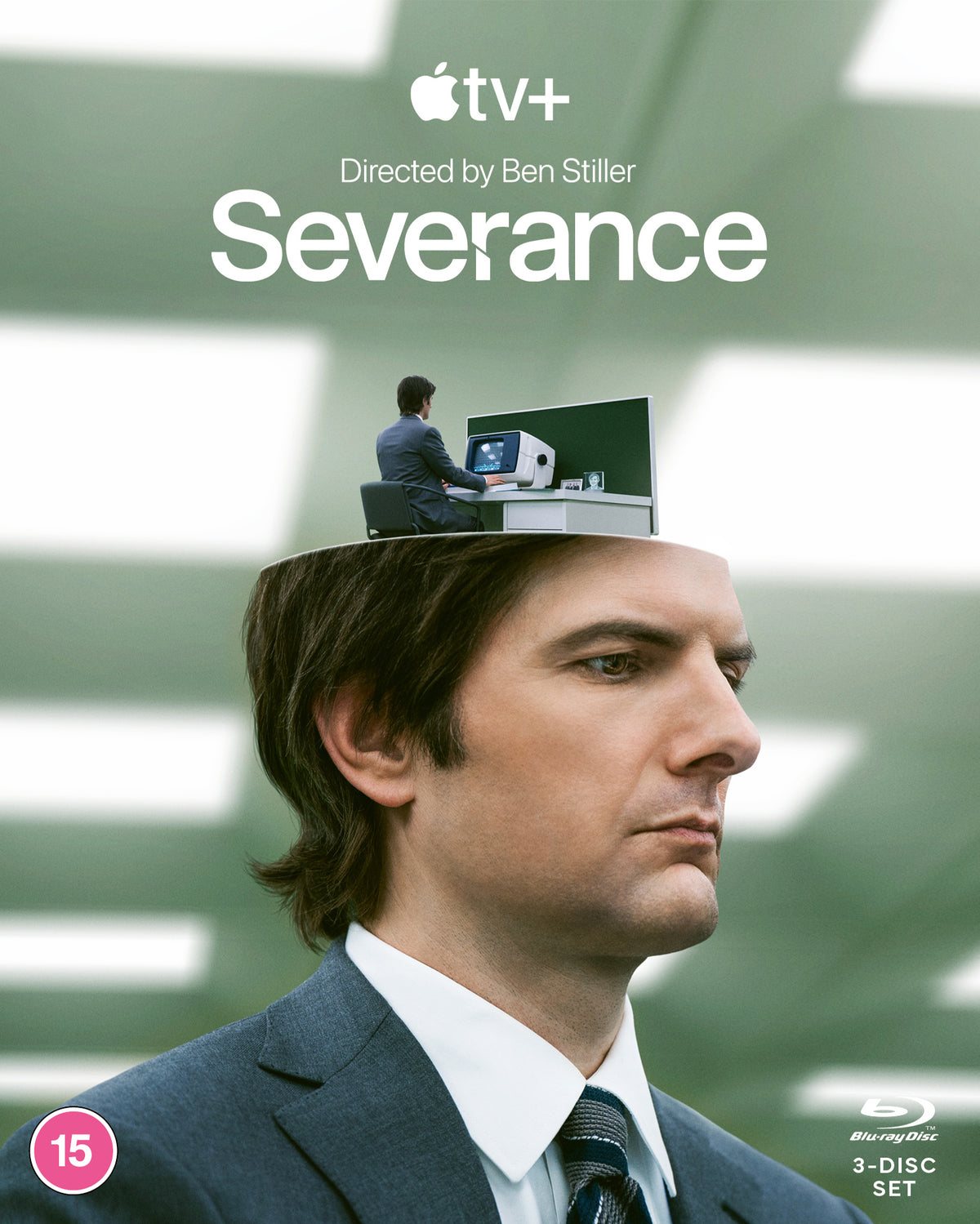 Severance Blu-ray cover: man’s face with miniature office on his head.