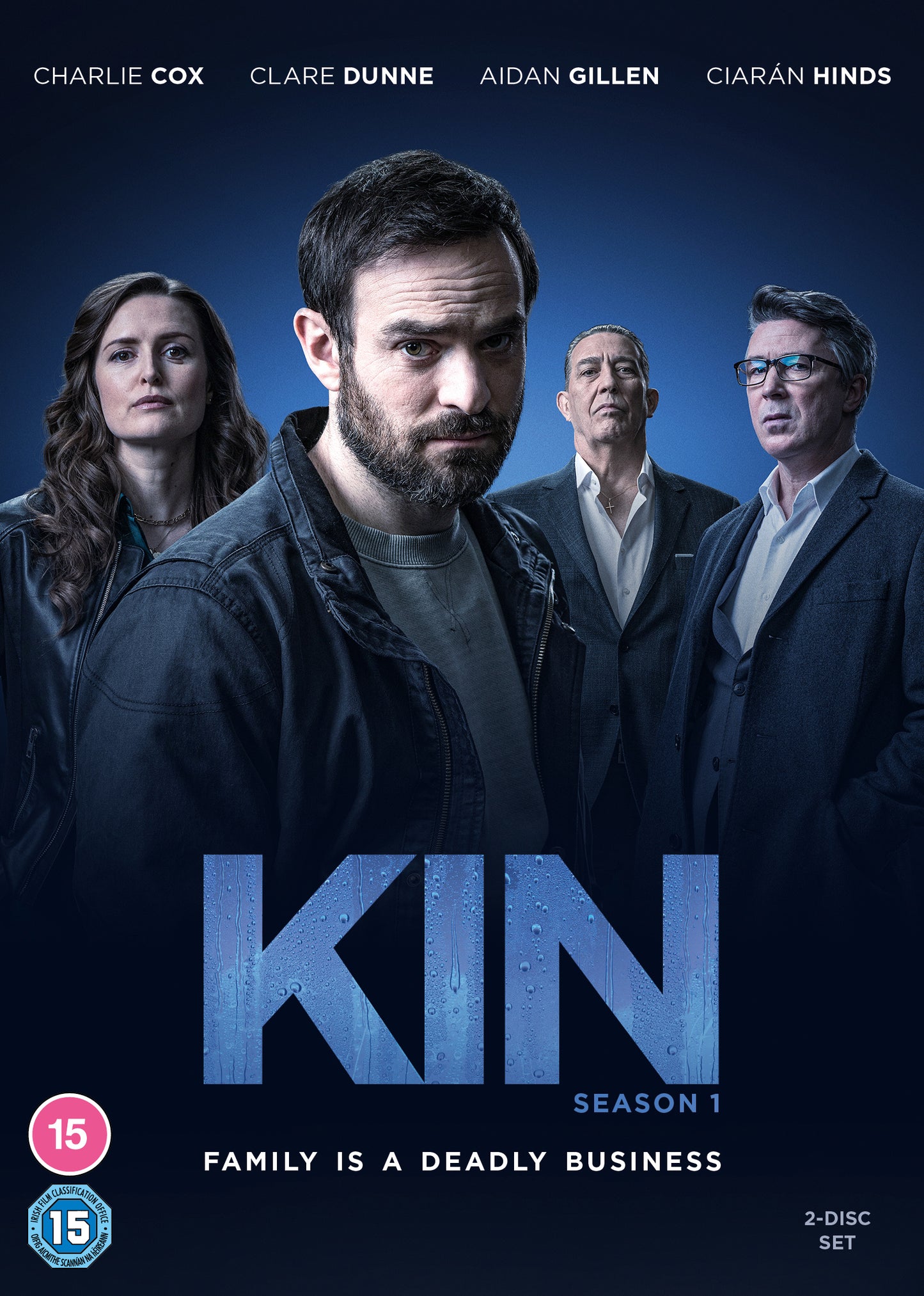 DVD cover for "Kin" Season 1, featuring four serious actors.