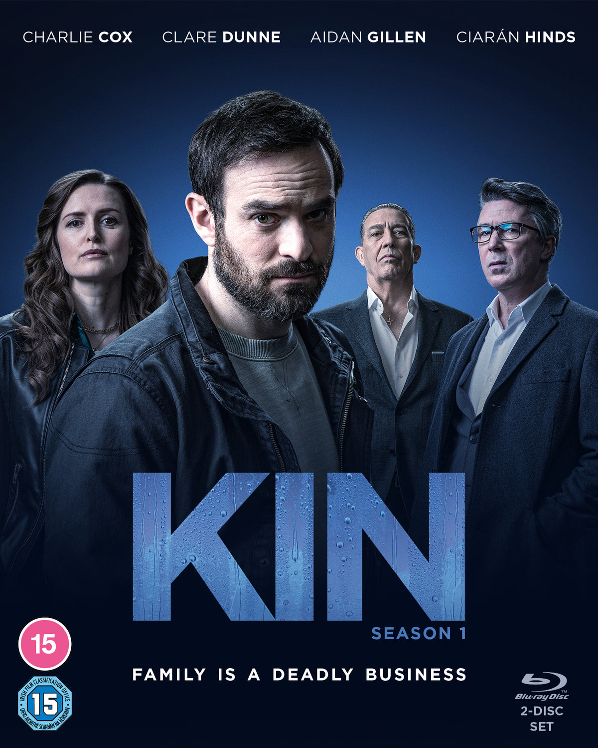 Blu-ray cover for "Kin" Season 1, featuring four serious actors.